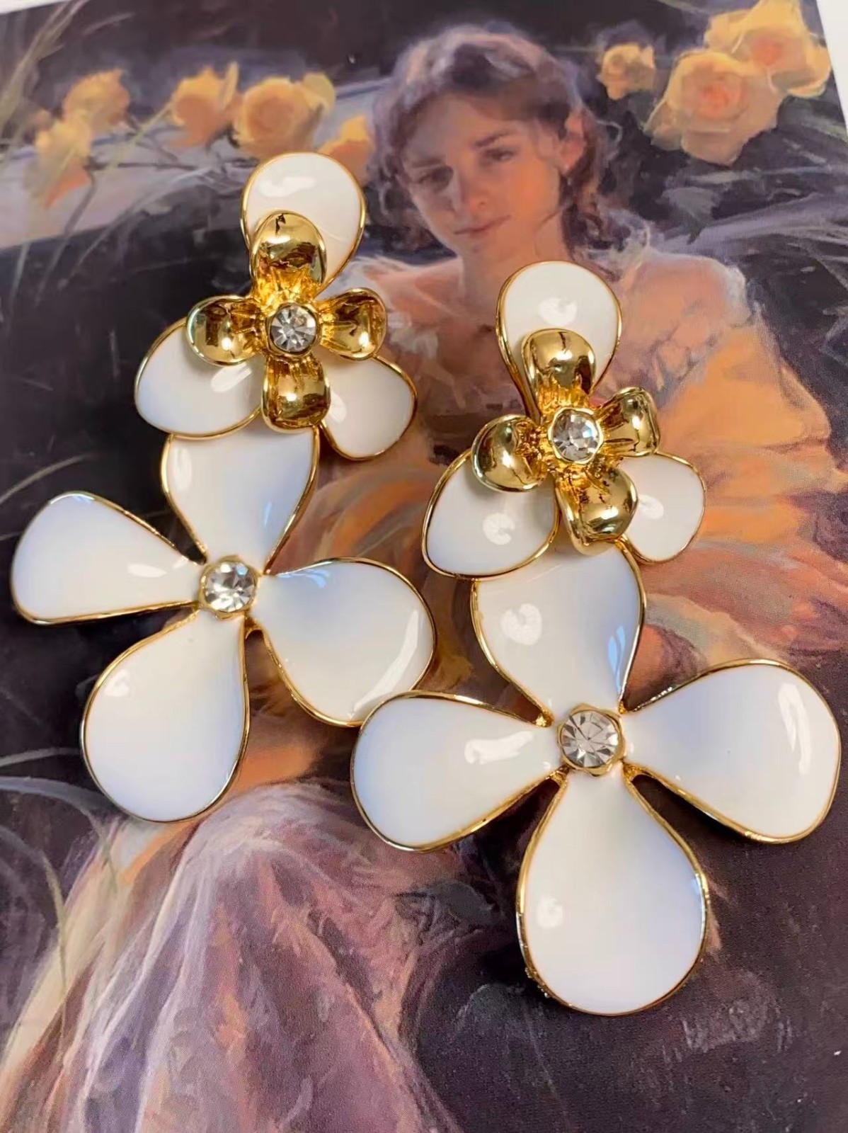 White Enamel Flower Clip On Earrings Gold Tone Statement Floral Jewelry