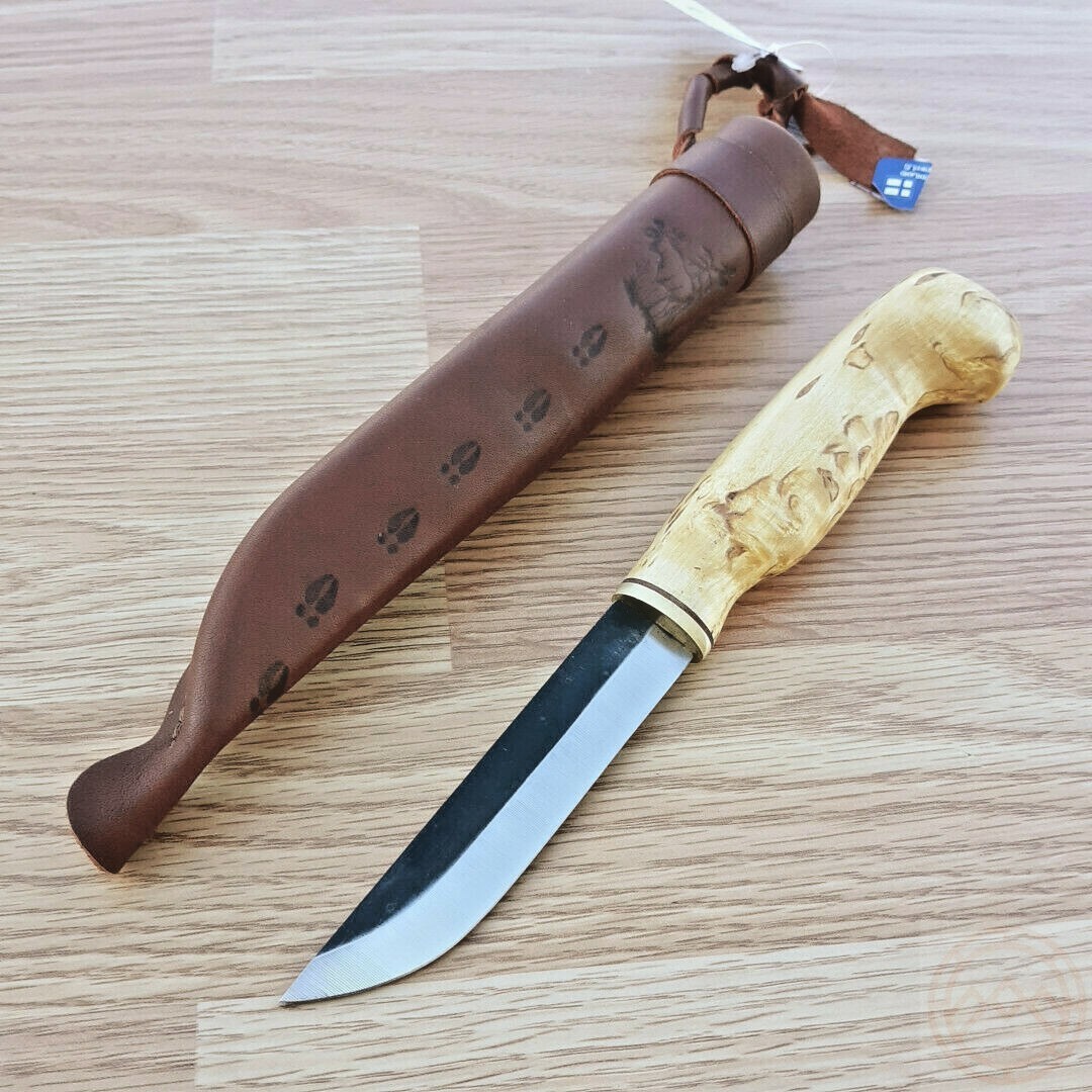 Wood Jewel Fixed Knife 4" Carbon Steel Blade Curly Birch Handle w/Brown Sheath