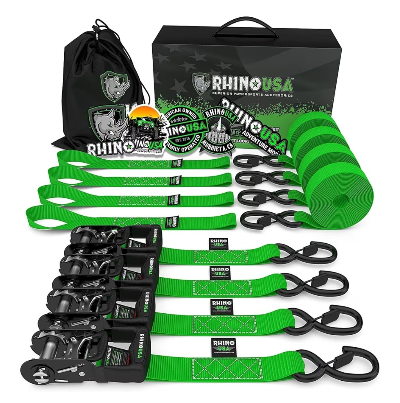 Rhino USA Ratchet Straps Tie Downs (4-Pack) - 2.5cm x 4.6m (800kg Break Strength