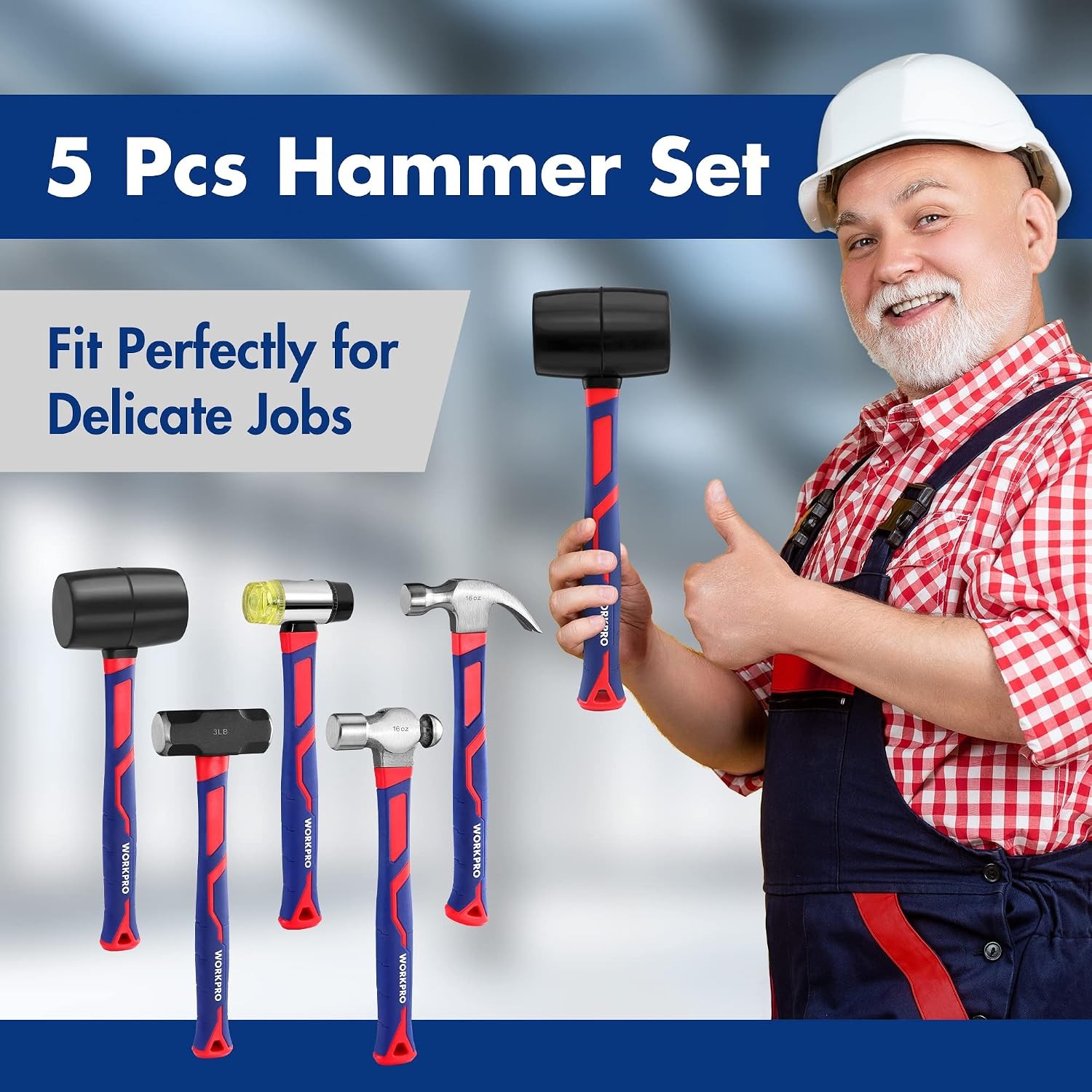 5-Pc Hammer Set: Rubber Mallet, Claw, Ball-Peen, Sledge