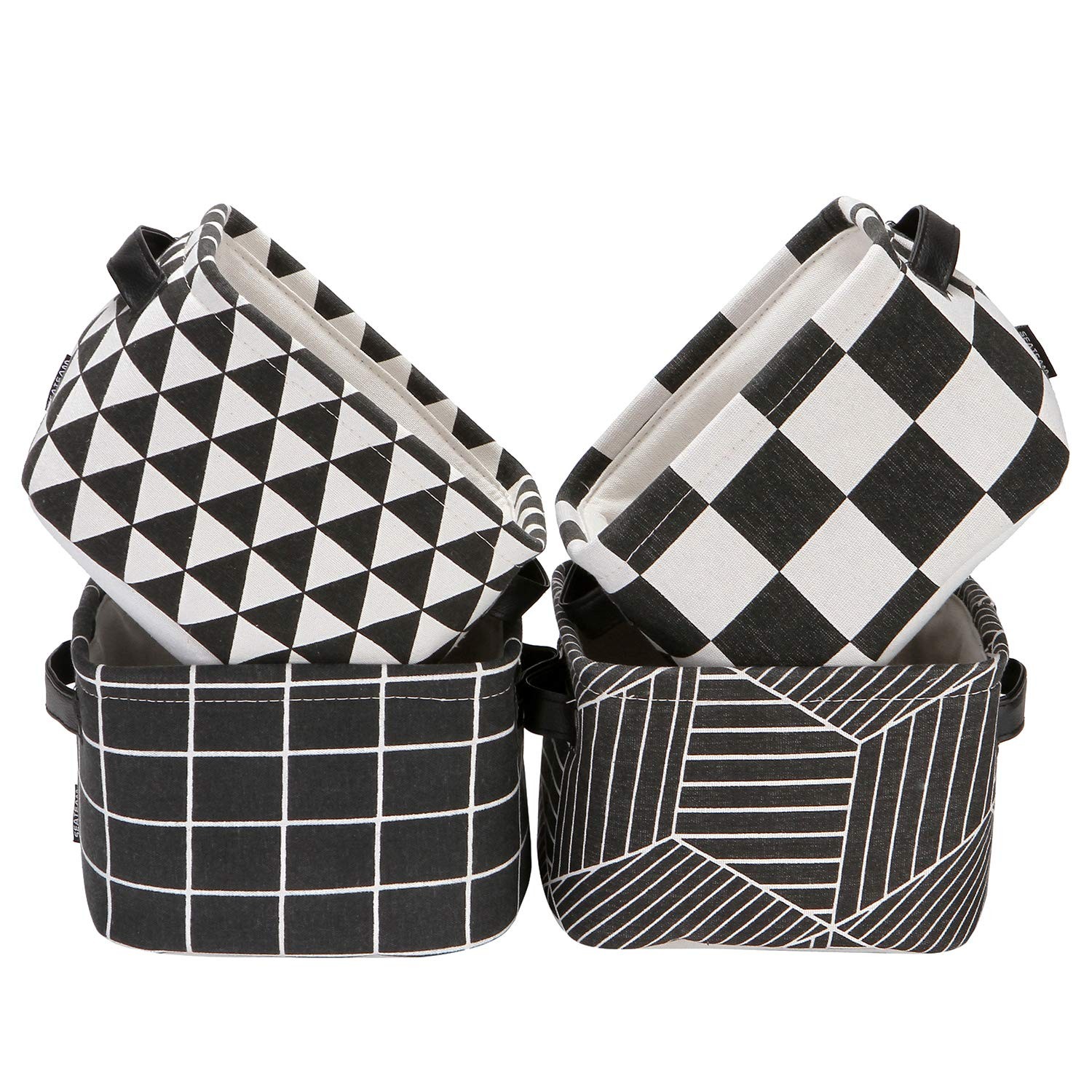 Foldable Mini Square New Black and White Geometric Theme 100% Natural Linen &...