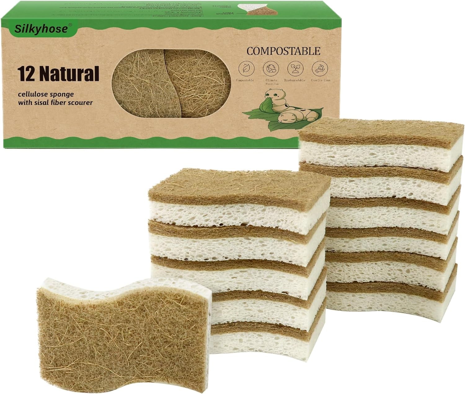 Biodegradable Kitchen Sponges, 12-Pack, Natural Cellulose & Coconut Scrubber