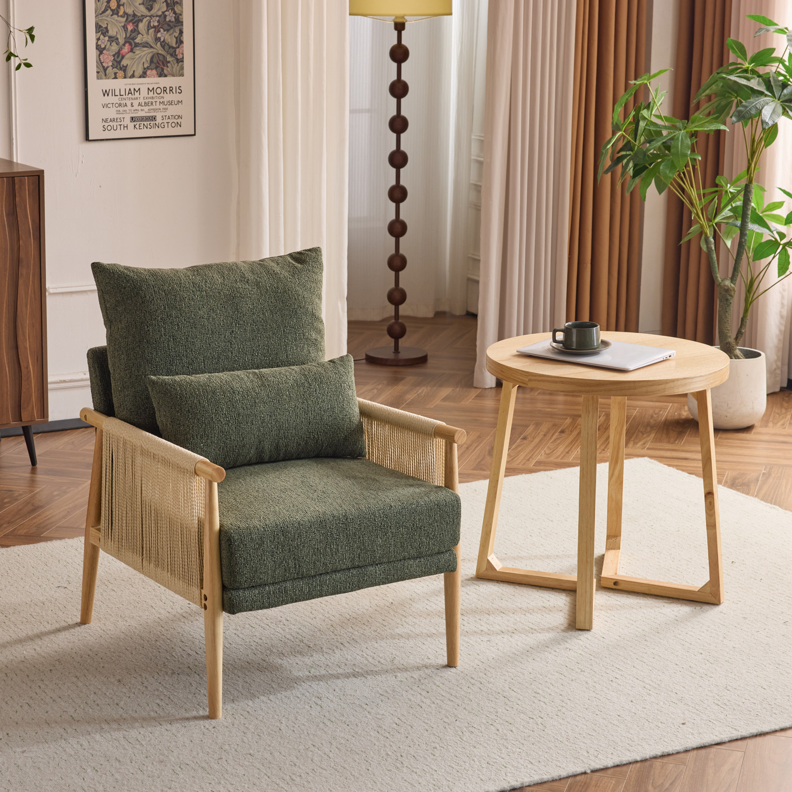 LEADZM Braid Accent Chair, Mid-Century Armchiar with Natural Oak Wooden Armrest