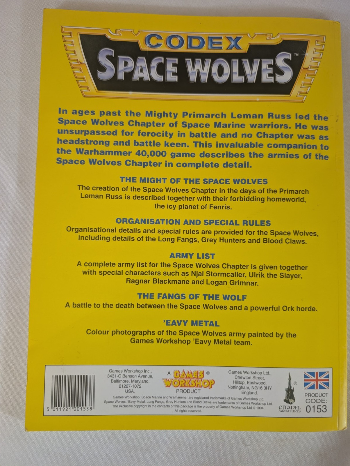 Warhammer 40k Space Wolves Codex Original 1994 Games Workshop EXC