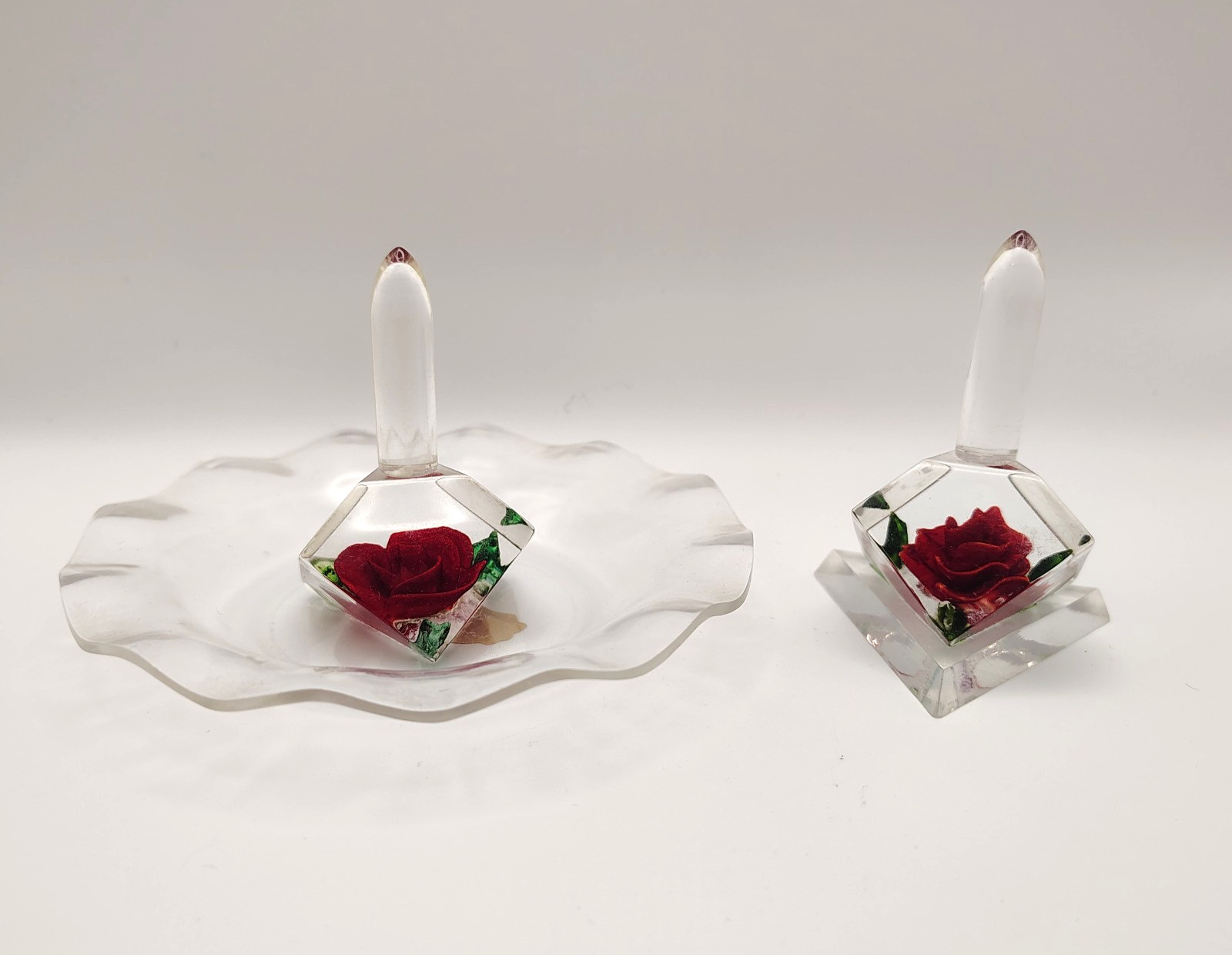 Bircraft Lucite Red Rose Flower Ring Holder Set Of 2 Hand Carved/Painted Vintage