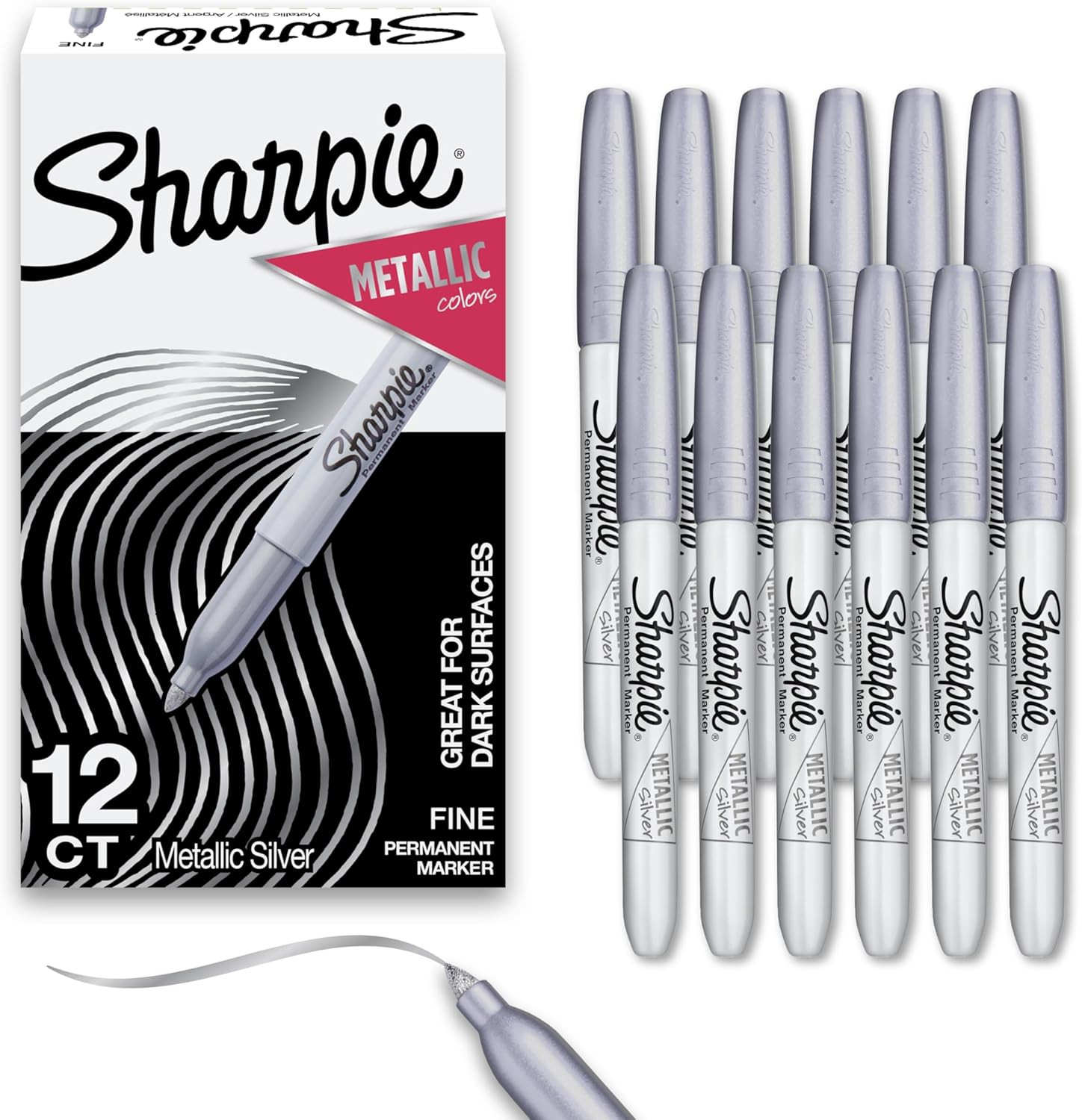 Metallic Permanent Markers, Fine Tip, Silver, 12 Count - for Black Paper or Dark
