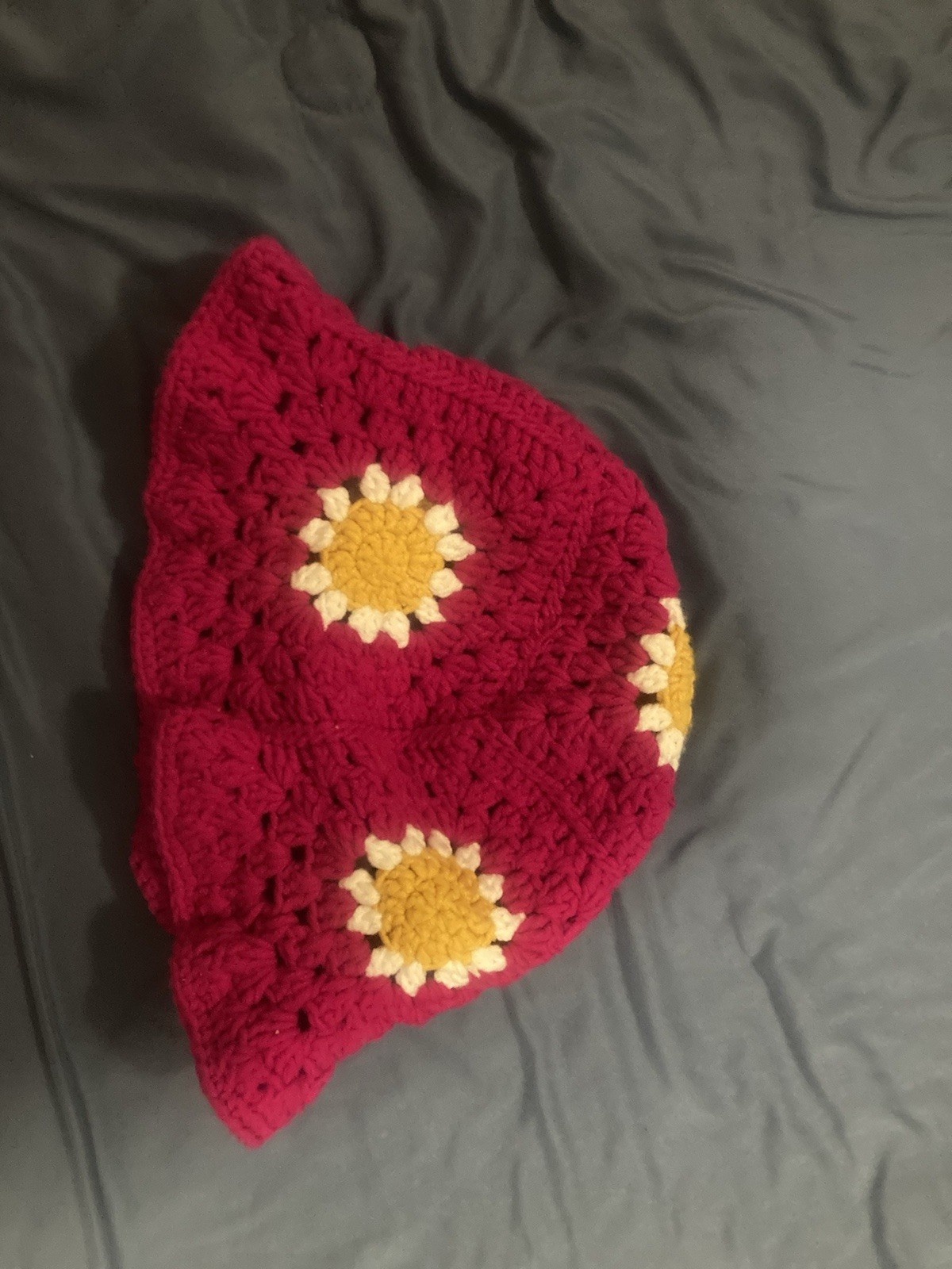 Handmade Crochet Red Hat with Sunflower Design