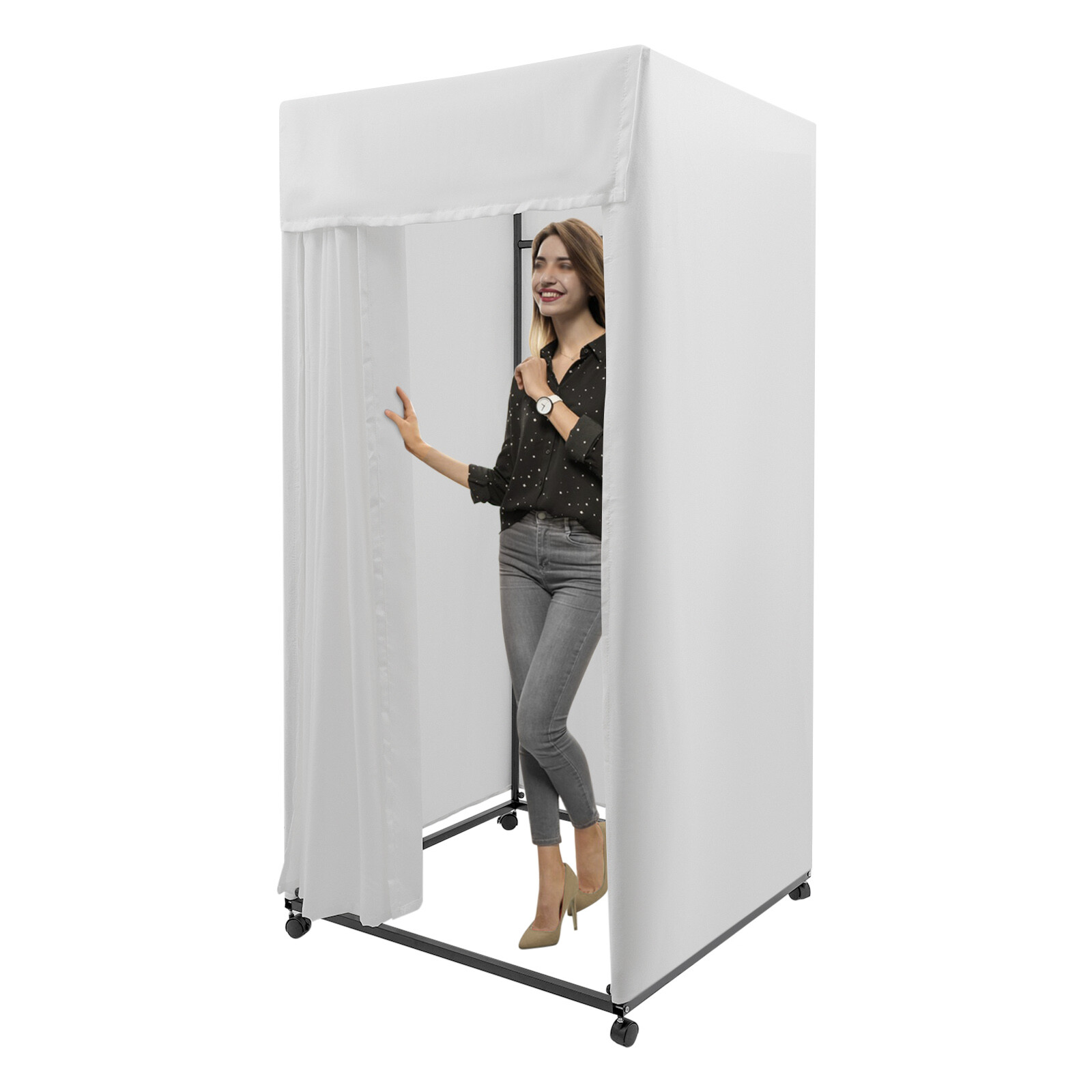 4-Wheels Portable Rectangular Dressing Room Freestanding Fitting Room Movable