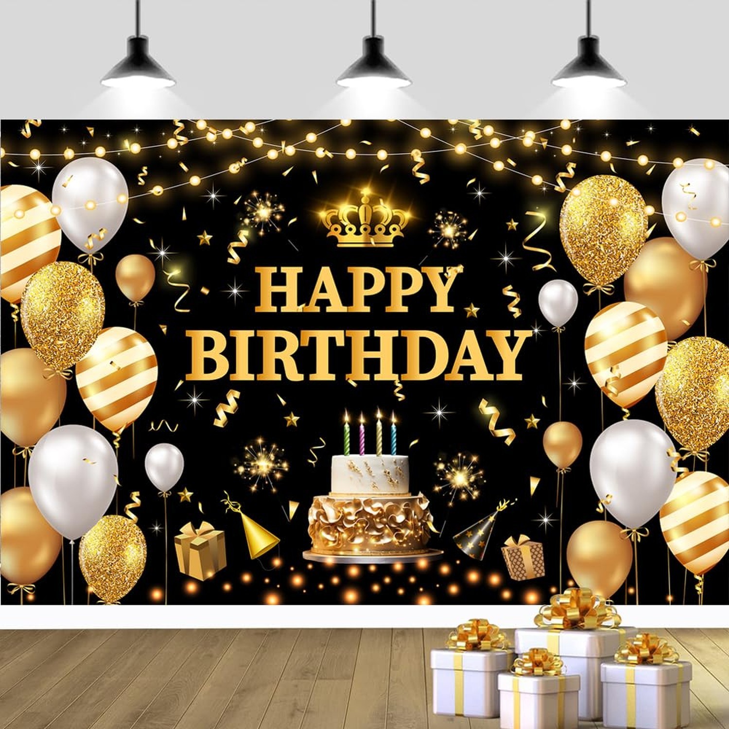 YinQin 180x120 cm Glitter Black Golden Happy Birthday Party Photo Backdrops C...