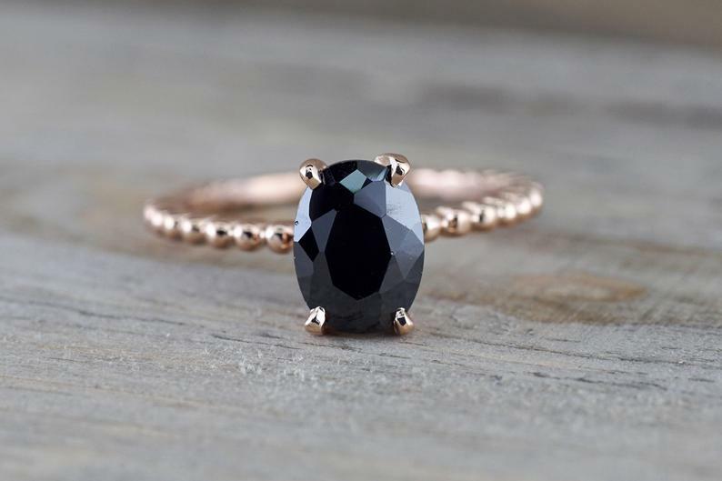 1.05ct Simulated Black Simulated Diamond Ring Beaded Solitaire Rose Gold Plated