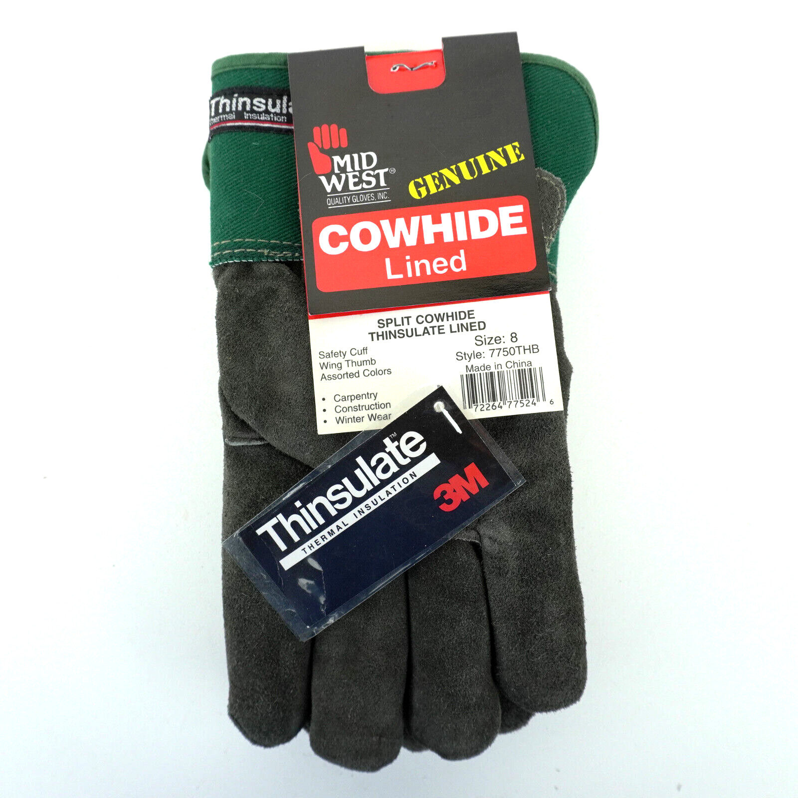 Mid West Genuine Lined Gloves Suede Canvas Size 8 Work Thinsulate Style# 7750THB