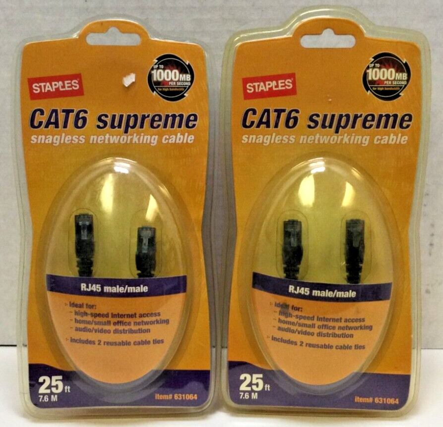 Staples CAT6 Supreme Snagless Networking Cable 25 ft | Pack of 2!
