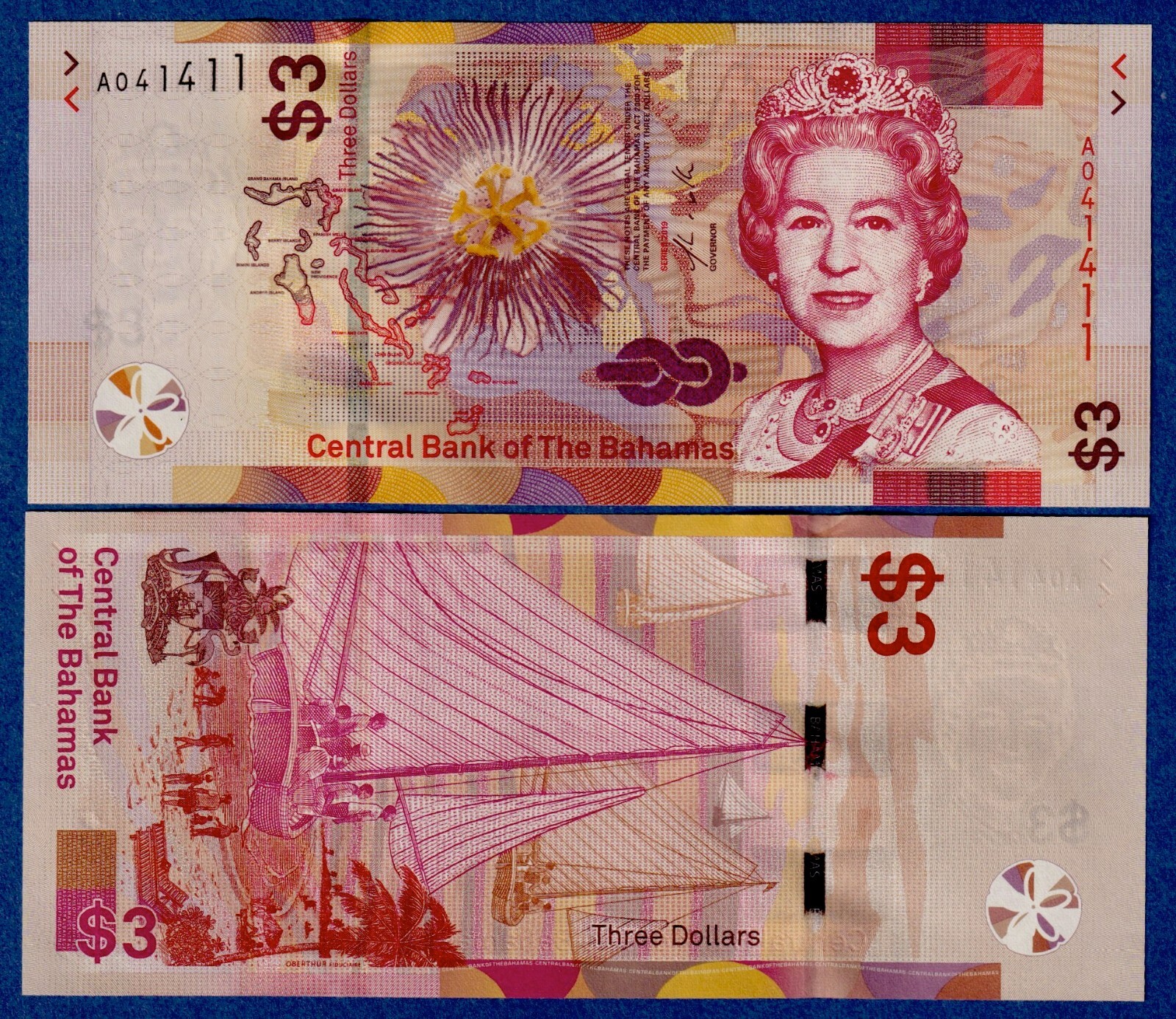 BAHAMAS $3 (2019) P-W78 UNC BANKNOTE - QE PORTRAIT