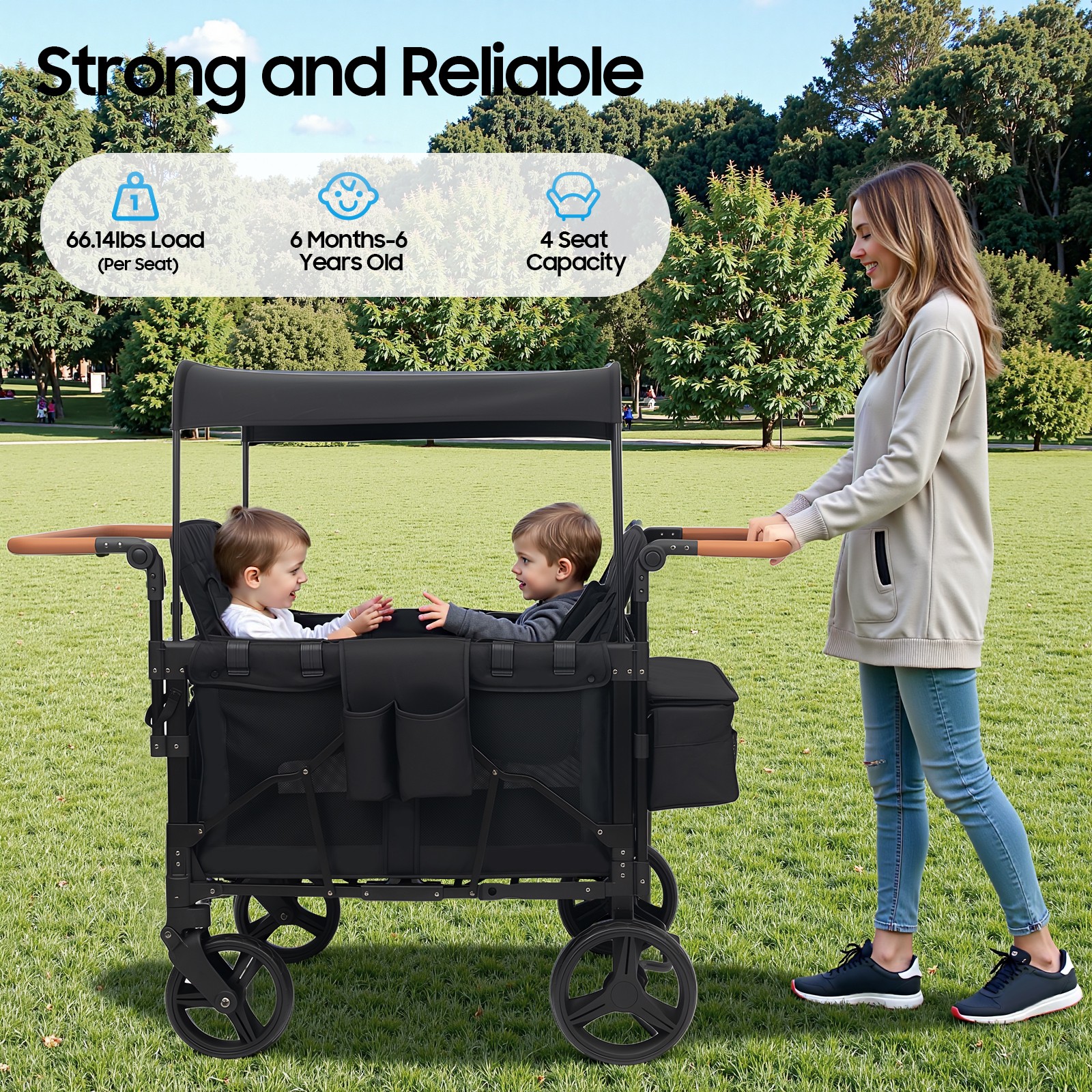 Stroller Wagon 4 Seats Quad Collapsible Stroller with Adjustable Handle & Canopy