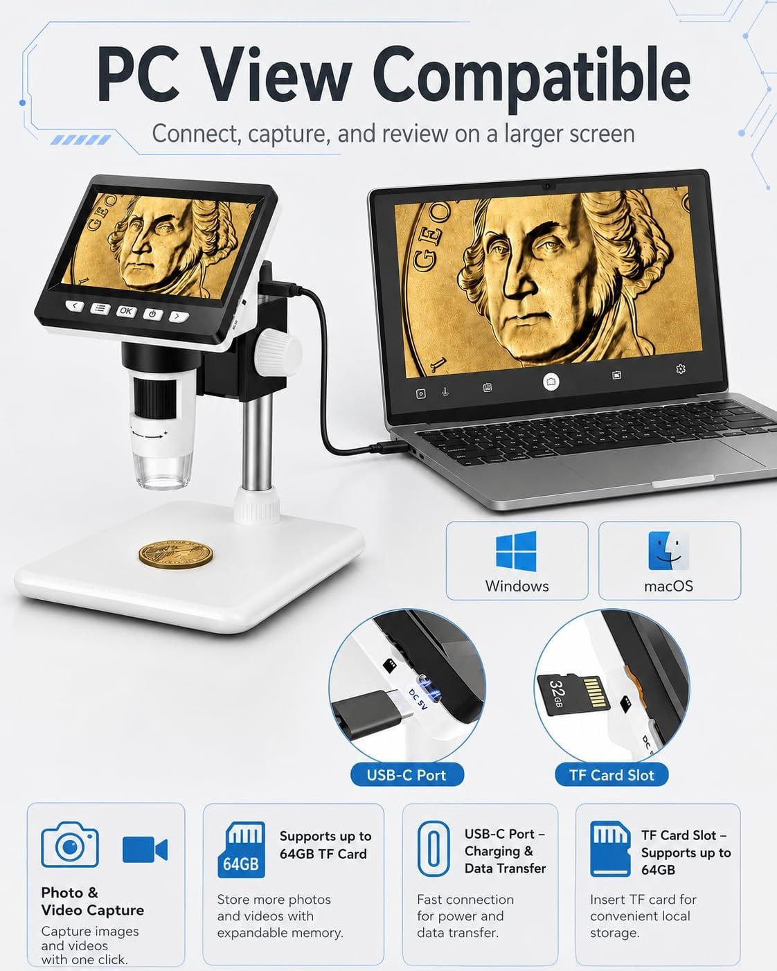 Digital Coin Microscope 1000X, 4.3" LCD Coin Magnifier with Screen for Error