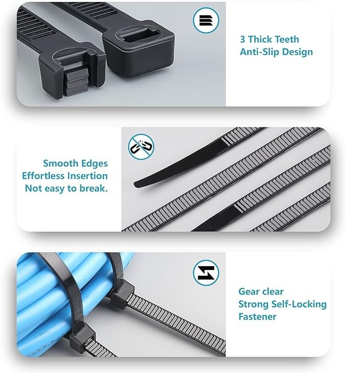 Zip Ties Assorted Sizes(4”+6”+8”+12”), 400 Pack, Black Cable Ties, UV Resistant