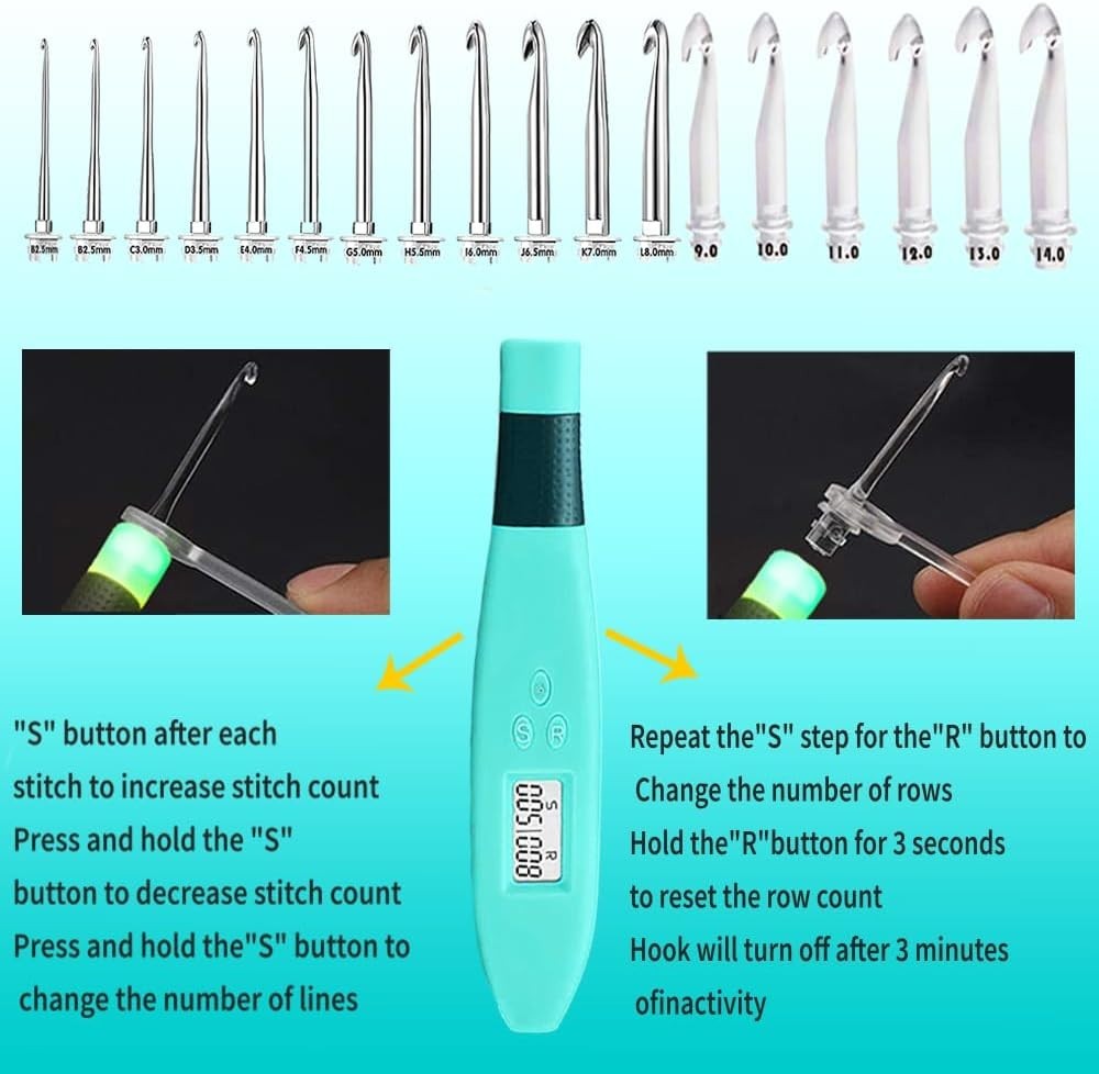 Complete 18-Piece Digital Counter Crochet Hook Set - Lighted & Interchangeable