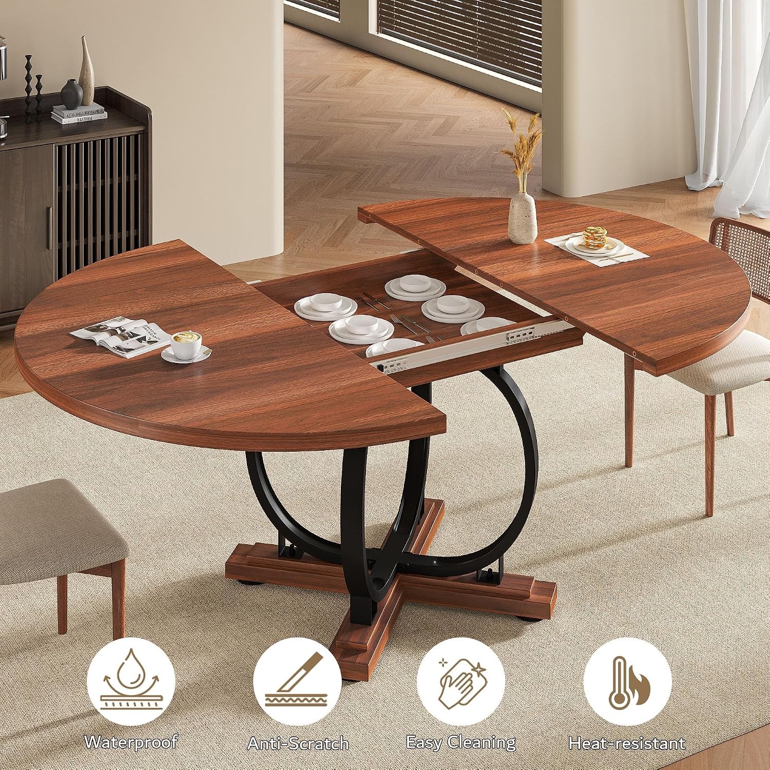 59" Extendable Round Dining Table Modern Oval Kitchen Table W/ Heavy Duty