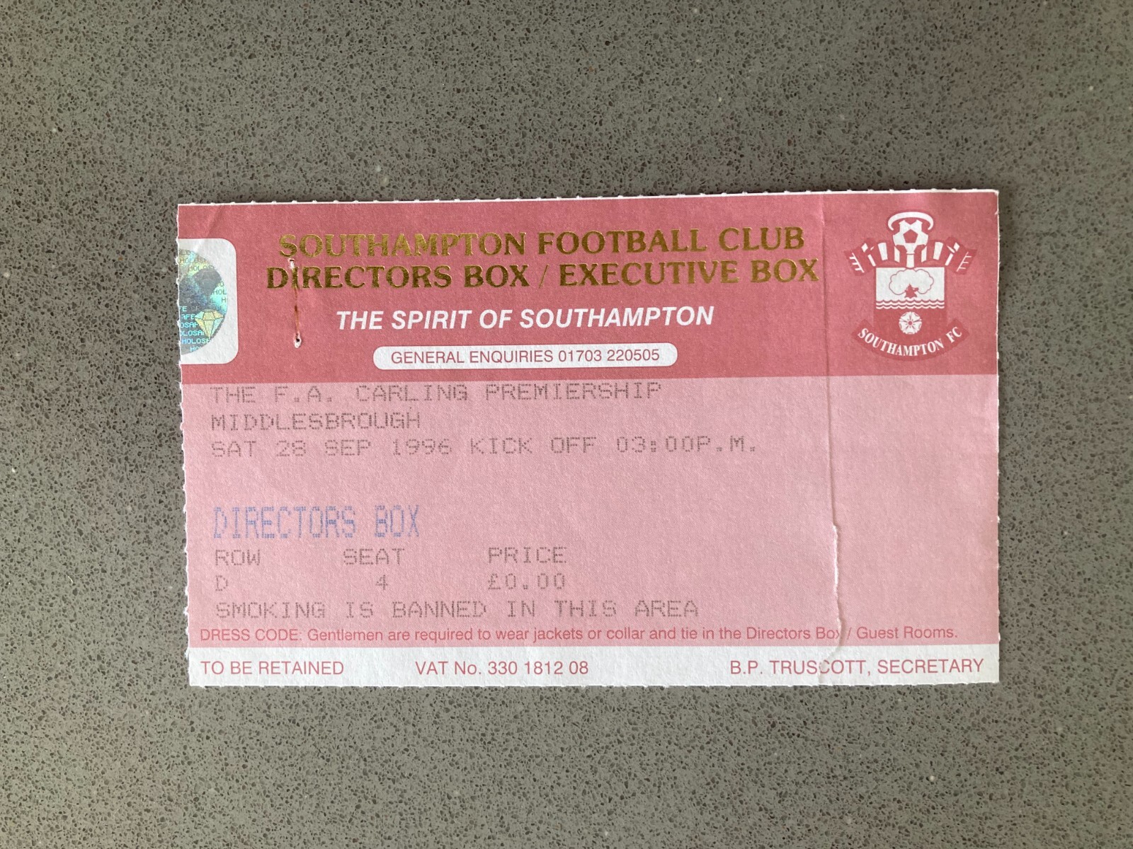 Southampton v Middlesbrough 1996-97 Match Ticket