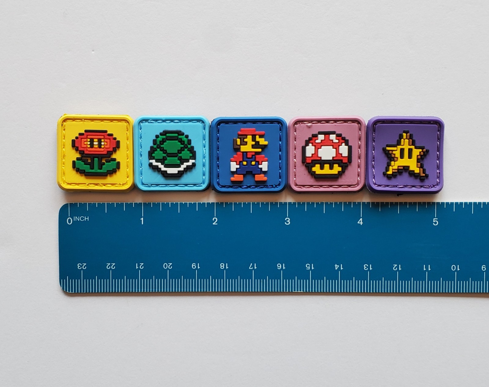 Super Mario Bros PVC Mini Morale Patch Set of Five (5) Hook & Loop Backing
