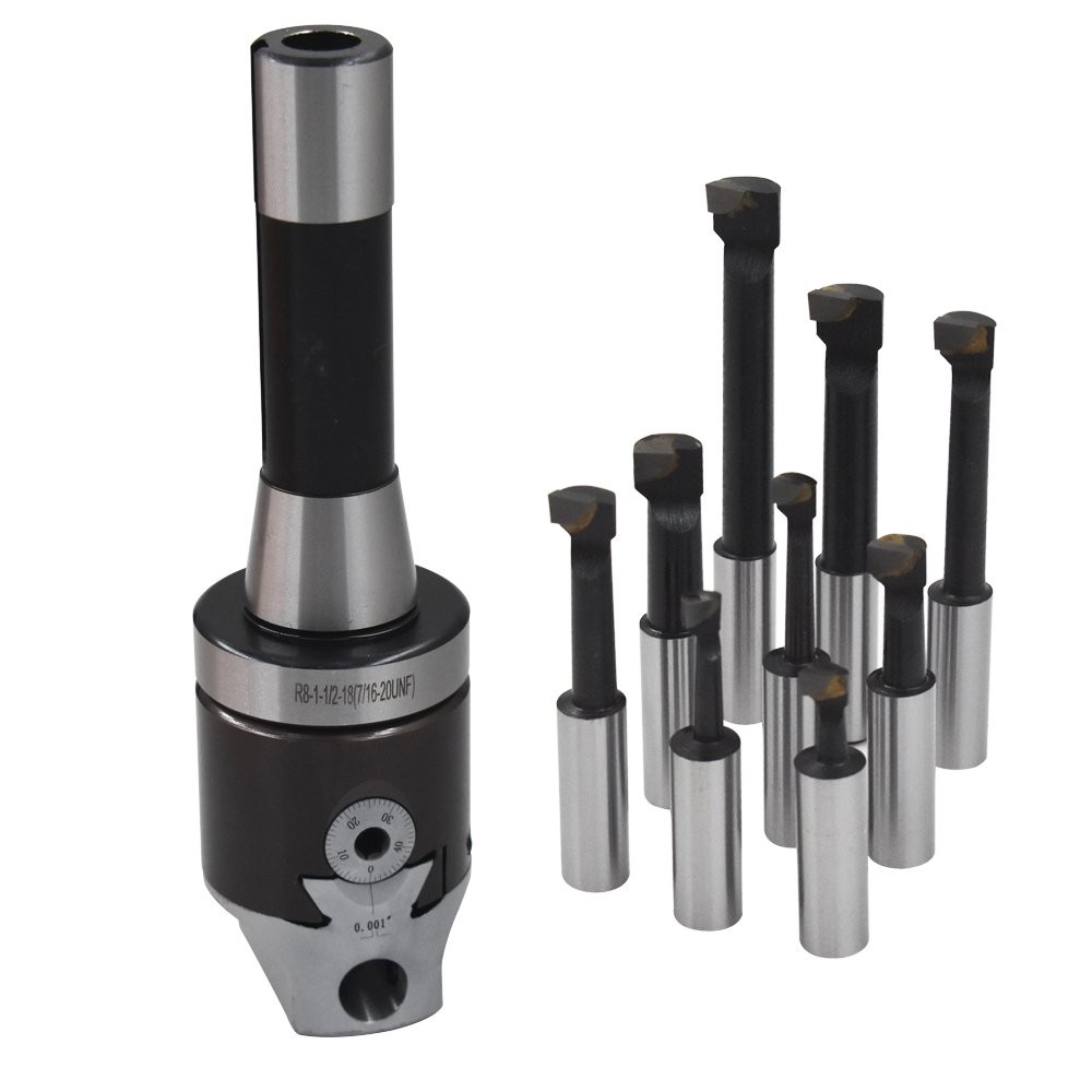 9 Pcs 2" Boring Head R8 Shank 1/2" Carbide Boring Bar Set Milling