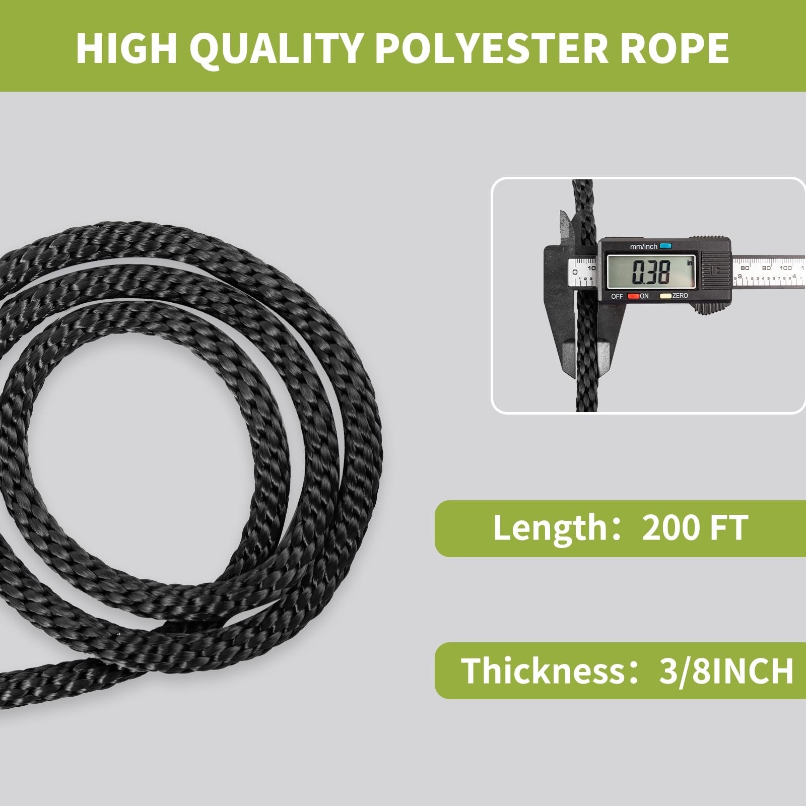 3/8 Inch × 200 FT Black Polyester Solid Braid Rope – UV & Abrasion Re