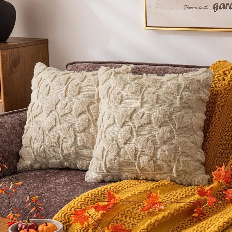 Embroidered Ginkgo Leaf Faux Fur Pillow Covers Set Soft Washable Decor New