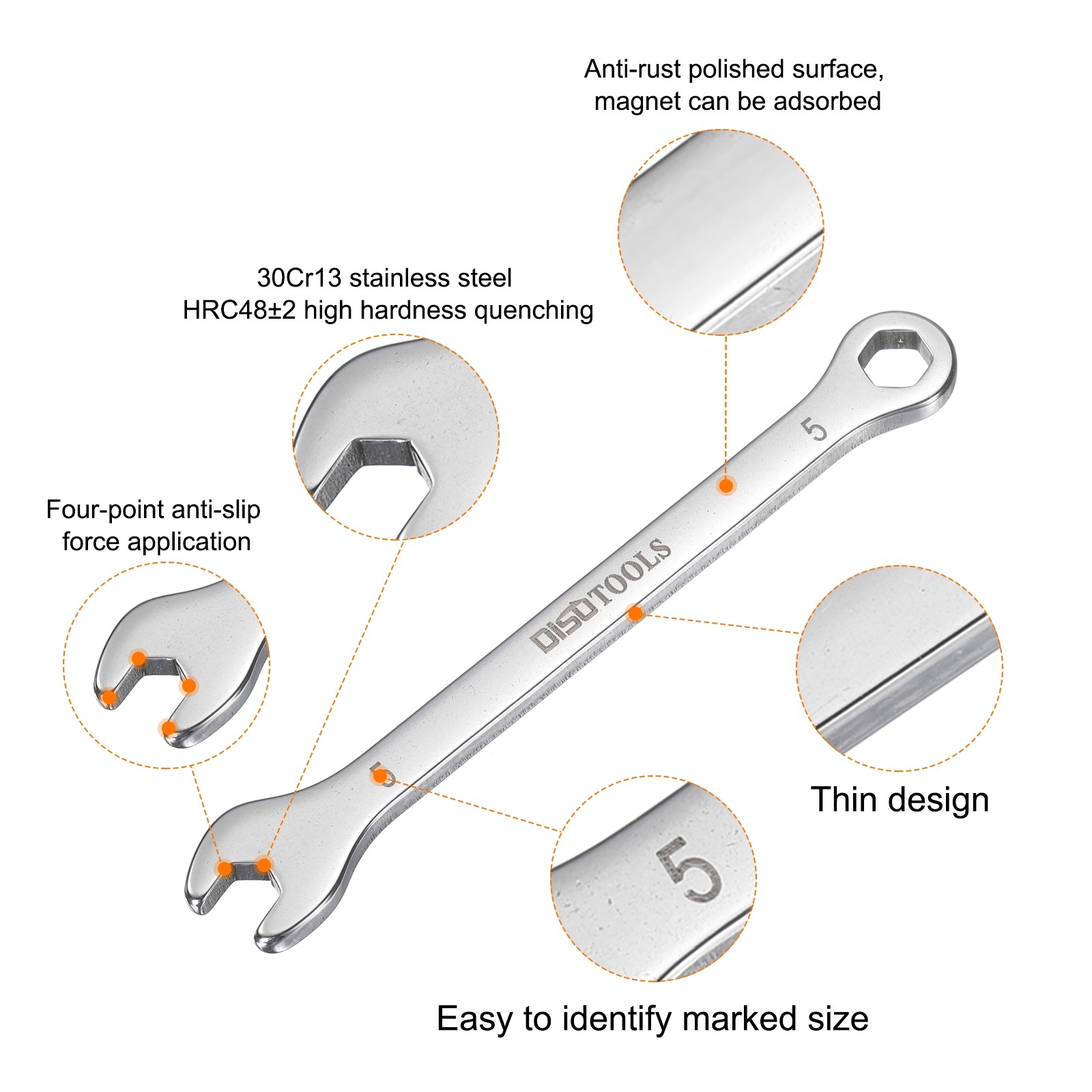 2pcs Thin Combination Wrench 5mm with 6-Point Ended and 15°Angled Open End