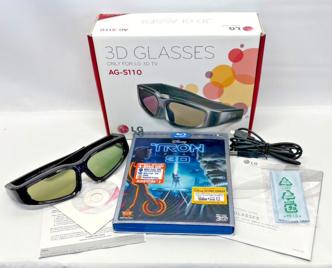 Genuine LG 3D Glasses AG-S110 & Accessories w/3D Blu-ray "Tron: Legacy" DVD