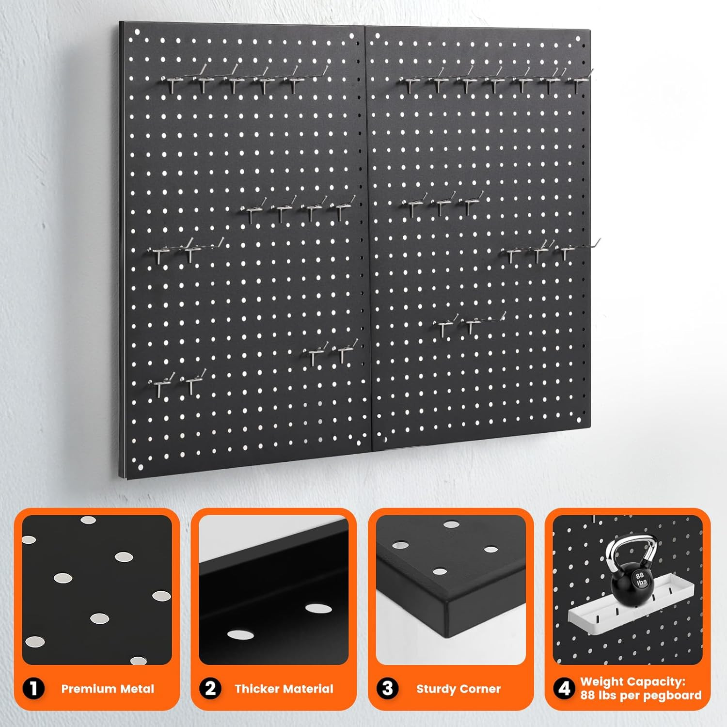 Pegboard, 2 PCS 24"×16" Metal Peg Board Panels Black Modular Wall Organizer Kit