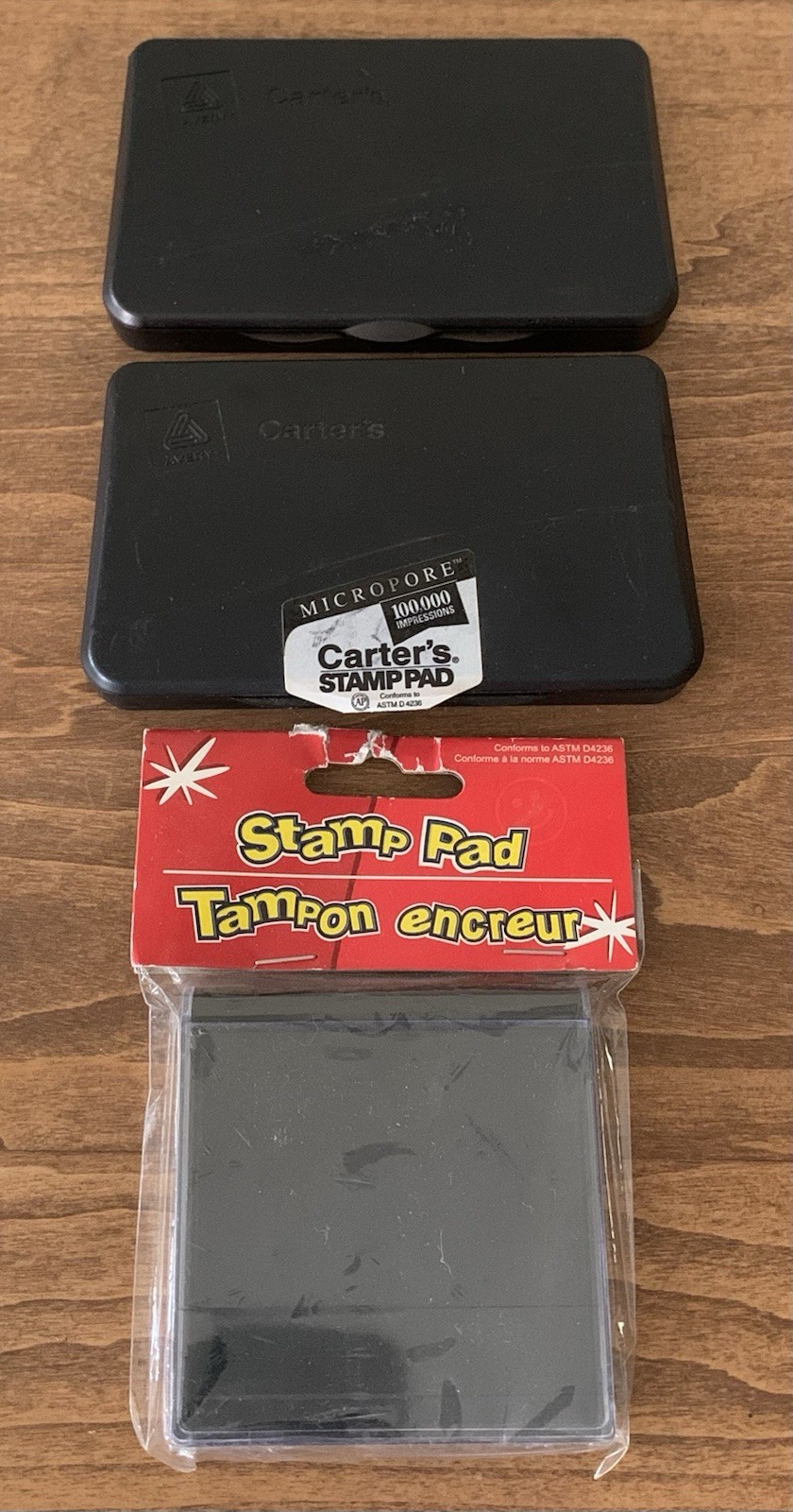 Lot Of 3 Black Stamp Ink Pads 2 Used Carter's Micropore 1 New Smaller Stamp Pad