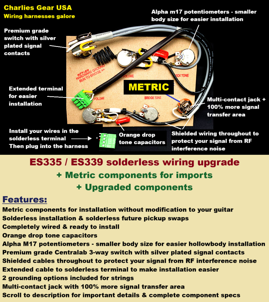 ES335/339/Sheraton METRIC Solderless Wiring Upgrade for Imports + GOLD Sw & Jack