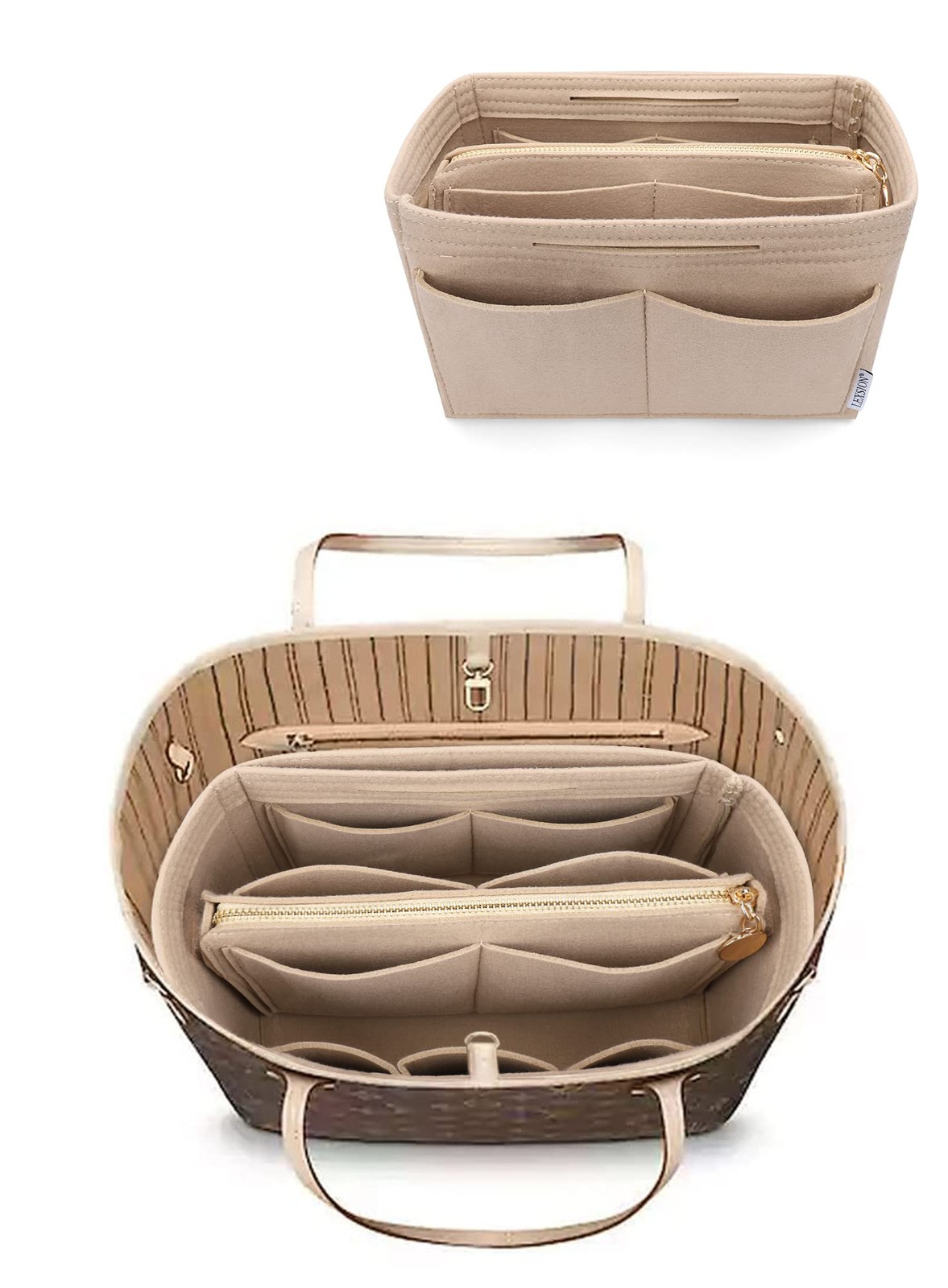 LEXSION Felt Purse Bag Organizer Insert with zipper Tote Medium, Beige