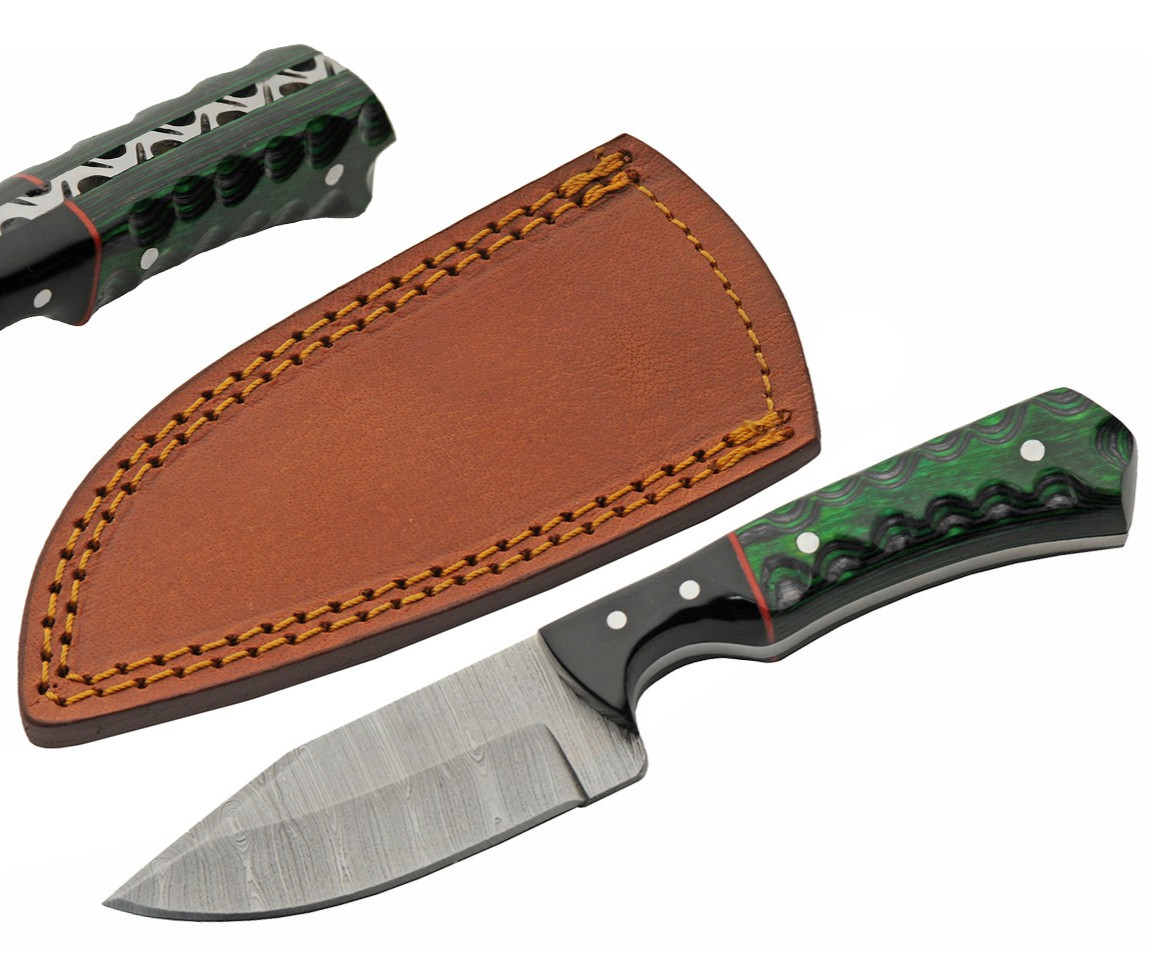6.5" Damascus Hunting Knife | Green/Black Pakkawood Handle + Leather Sheath