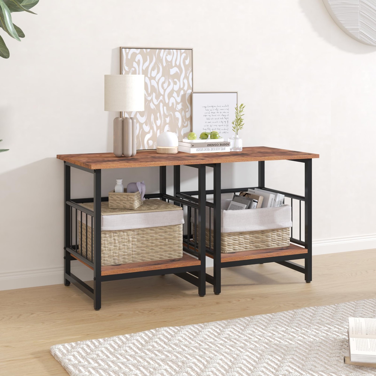 Industrial Night Stand, 18” Square Side Table with Open Storage Shelf, Bedsid...