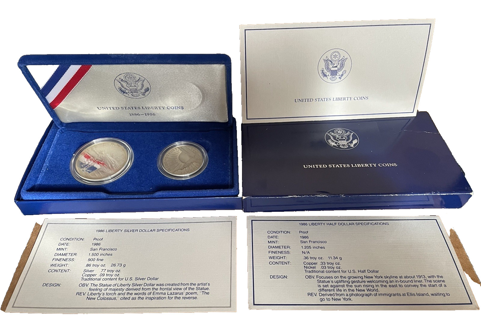 1986 Ellis Island Proof Set 2 Coin S Silver Dollar and Clad Half Dollar W/COA