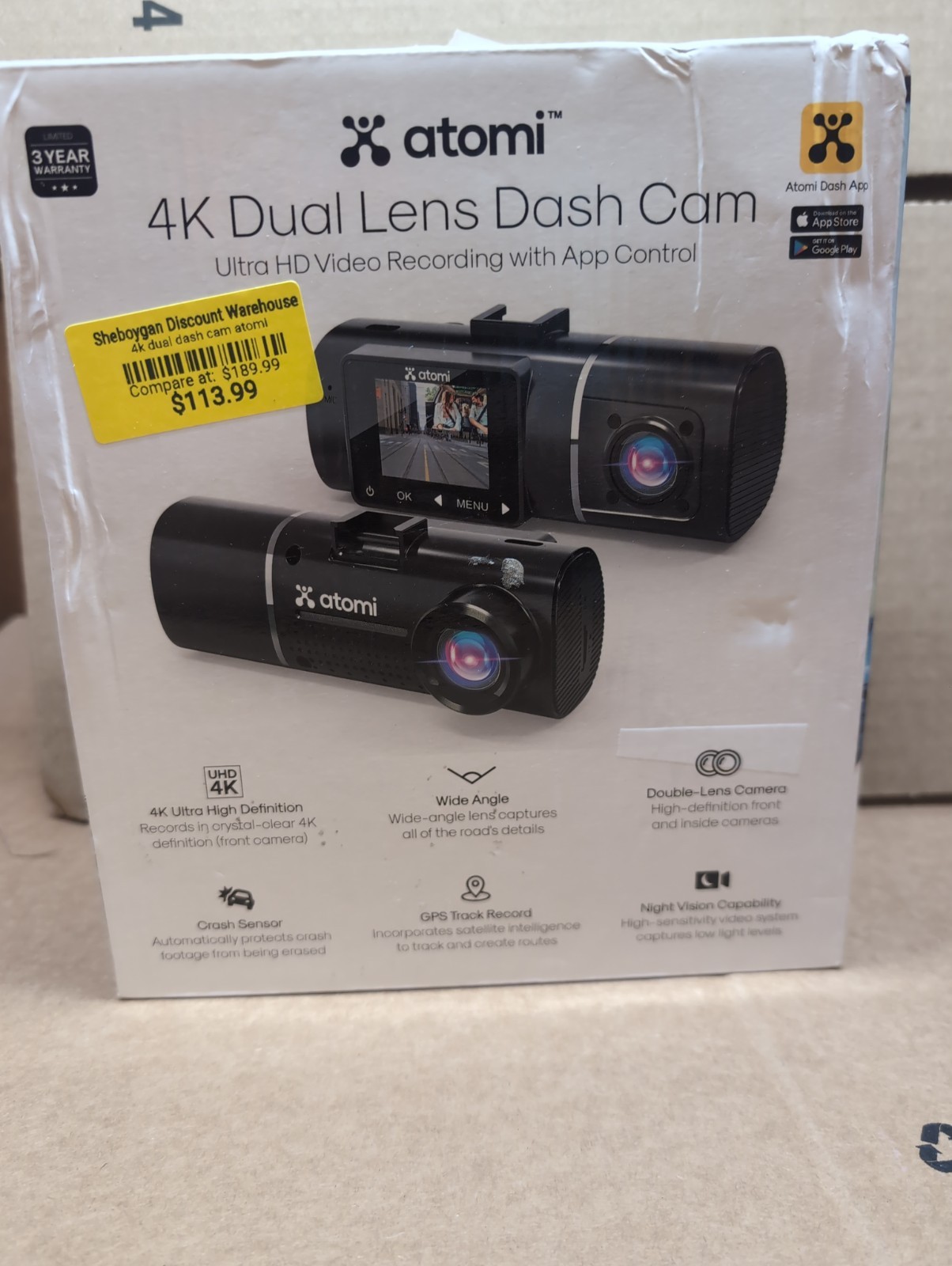 ATOMI 4K Dual Lens Dash Cam Auto Car Ultra HD Video Night Vision New-open box A1