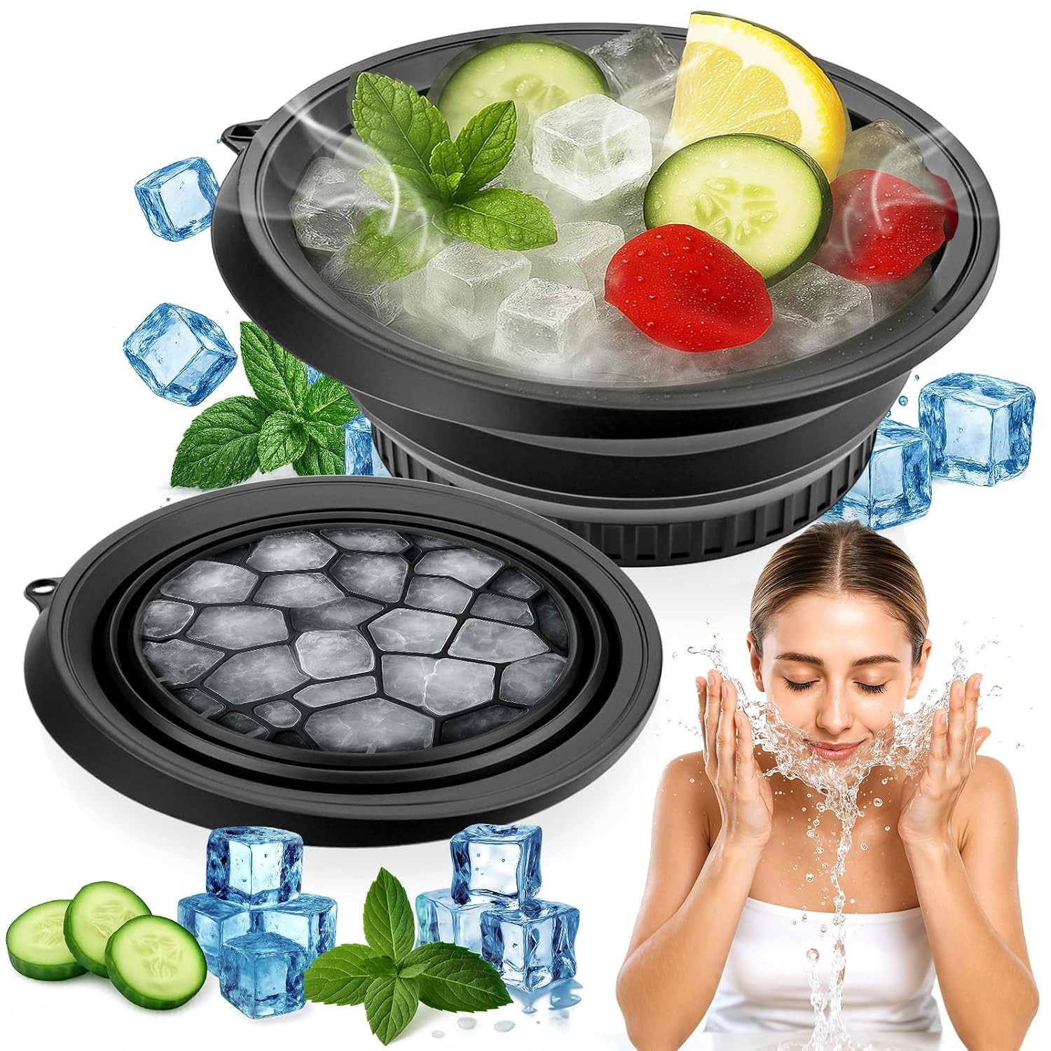 Face Bowl for Ice with Built-In Ice Tray – Collapsible Silicone Facial Ice Bath