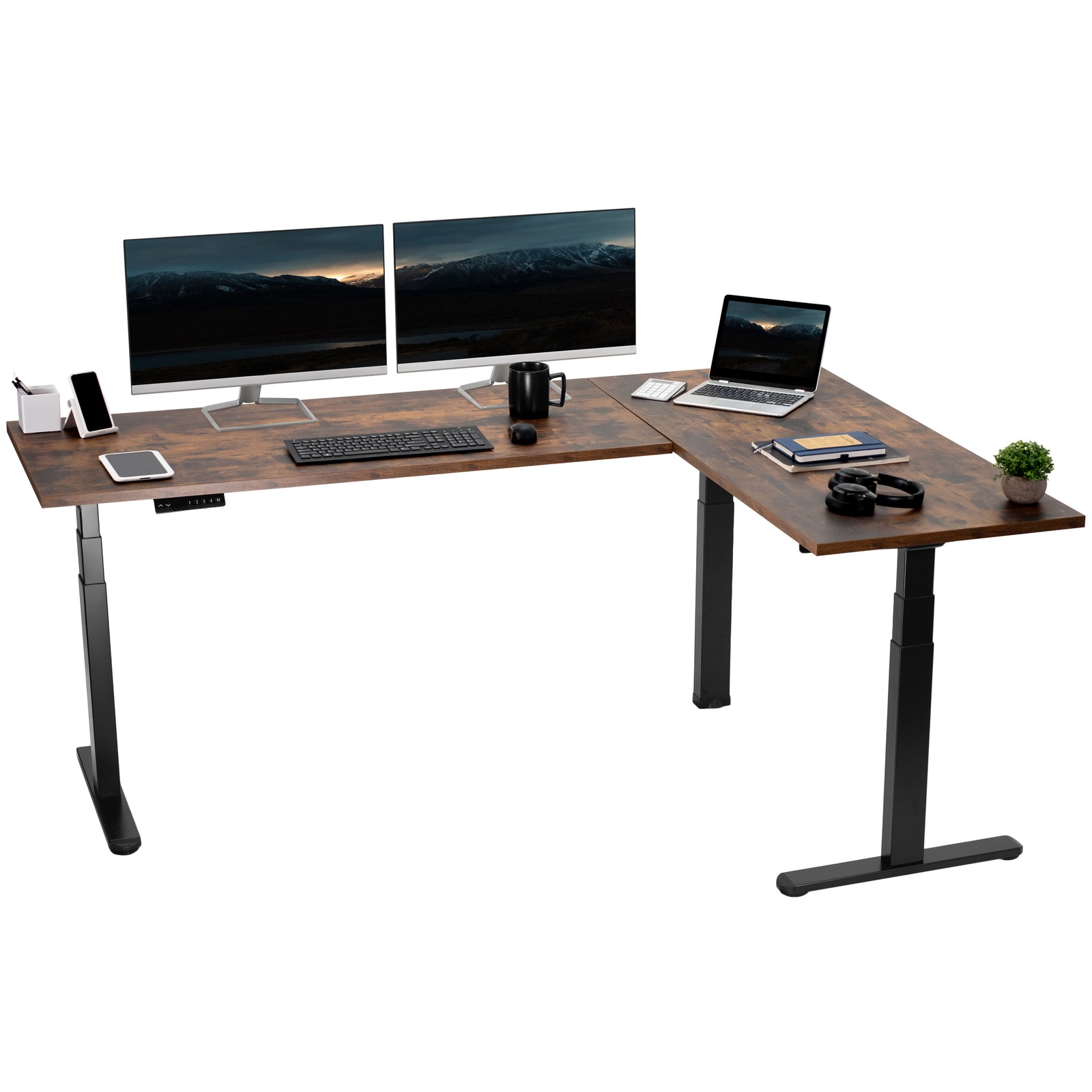 VIVO Electric 78" x 55" Stand Up Corner Desk, Vintage Brown Tops, Black Frame
