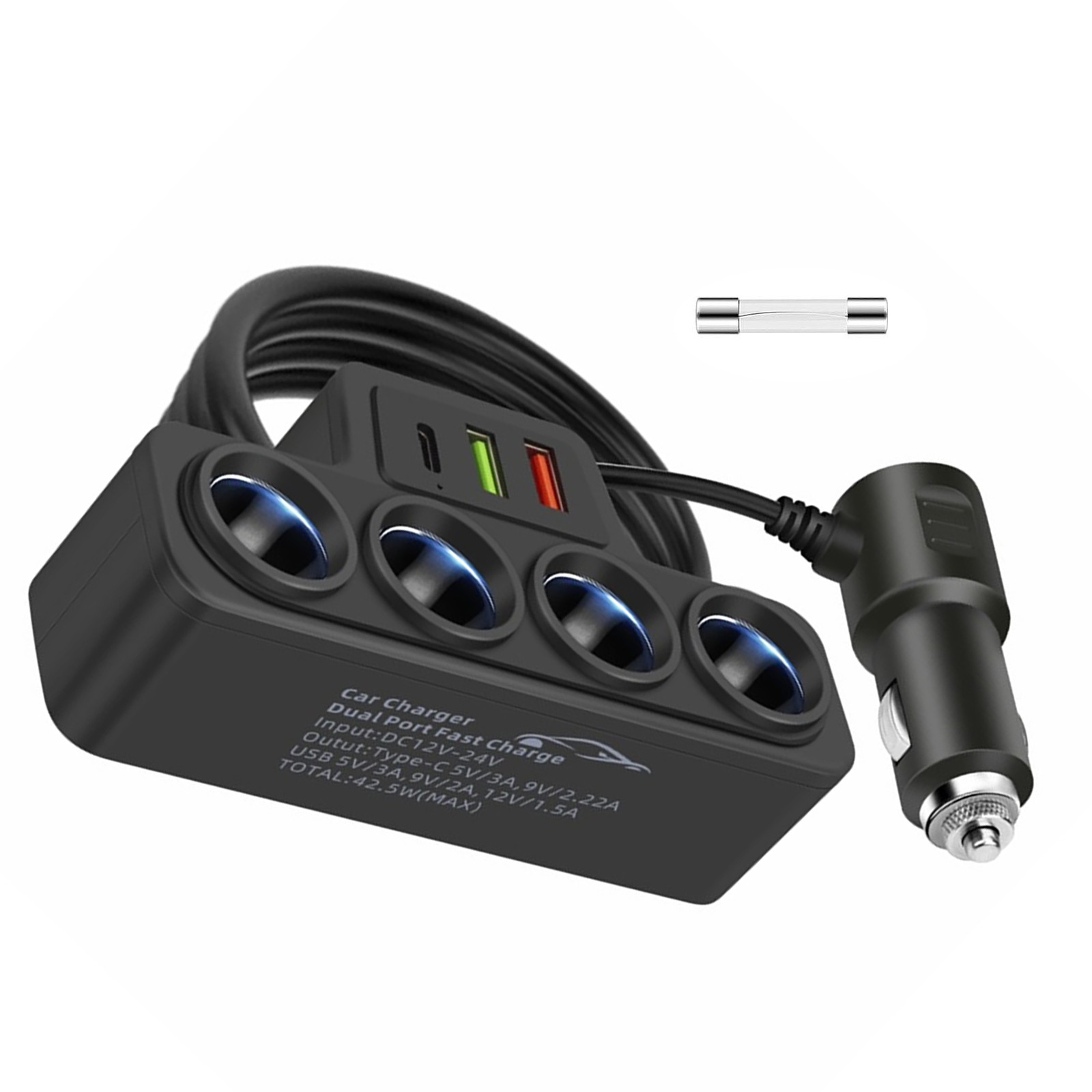 4 Way Car Cigarette Lighter Socket Splitter USB Fast Charger Power Adapter 12V