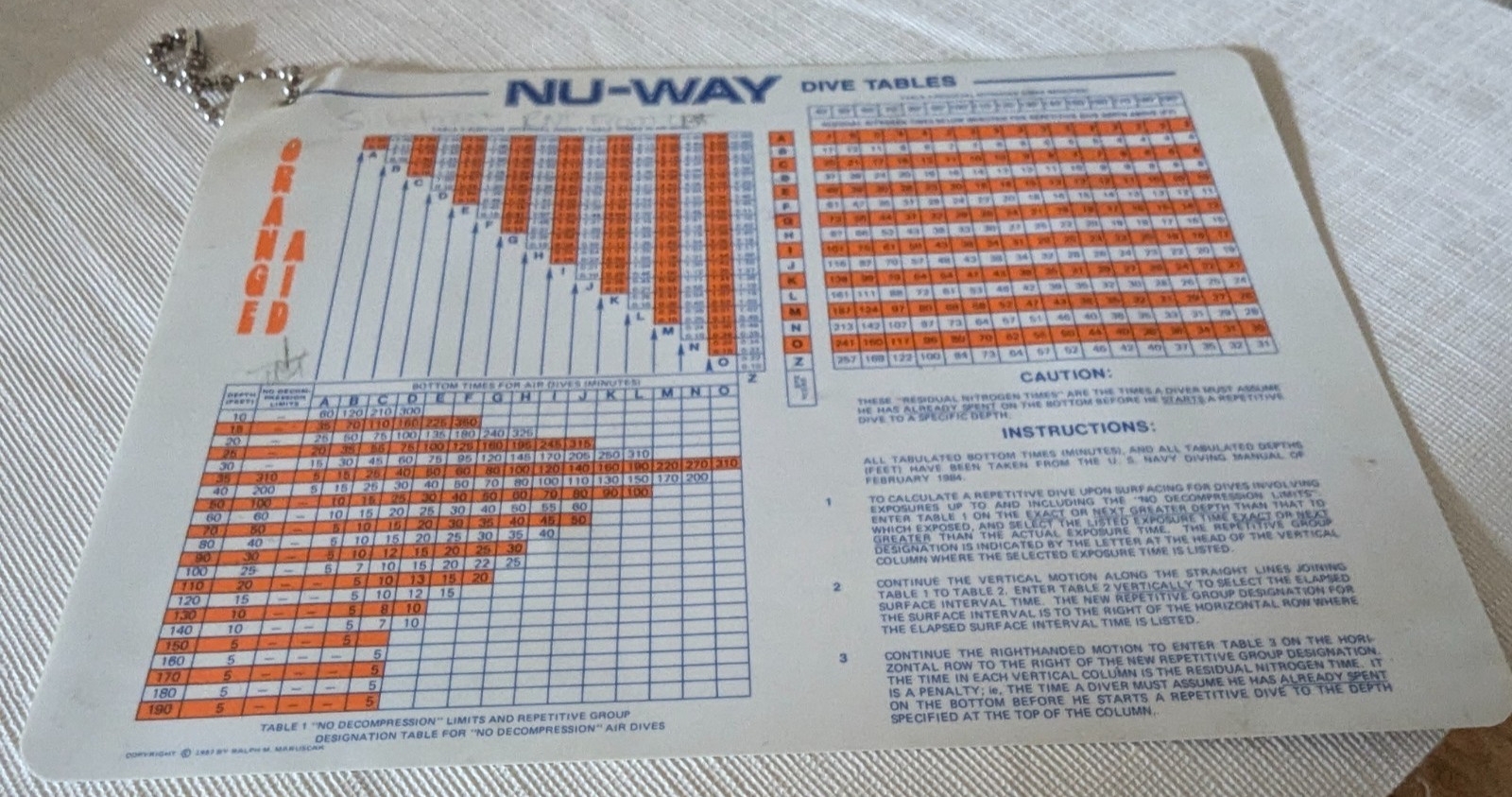 1987 Nu-Way Vintage Plastic Waterproof Recreational Dive Planner Table Scuba