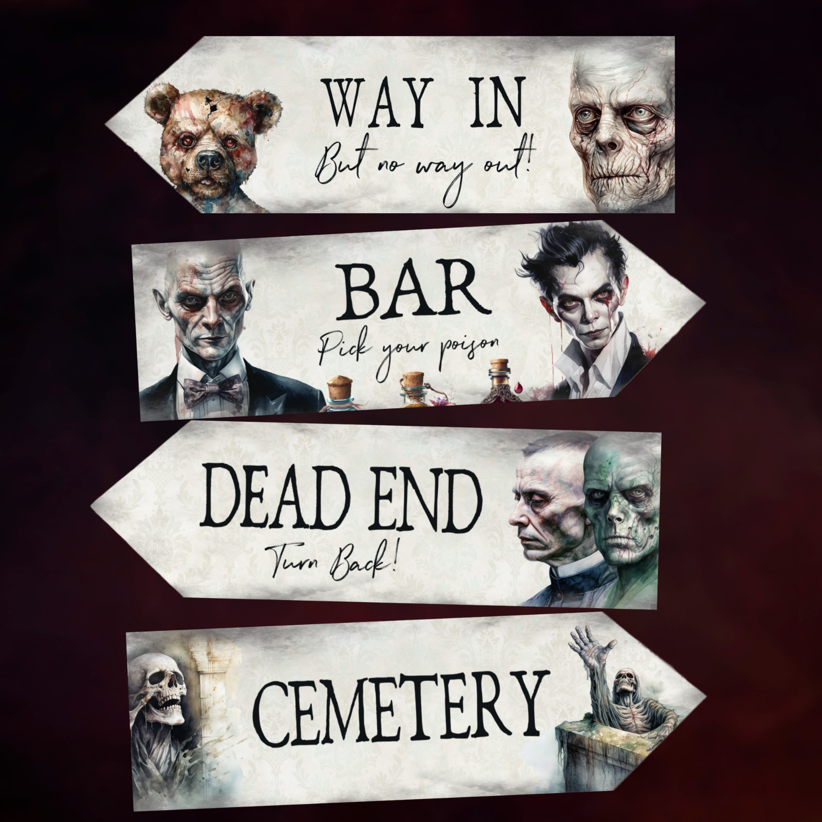 4 Halloween Scary Fantasy Art Watercolour Horror Party Decoration Arrow Signs