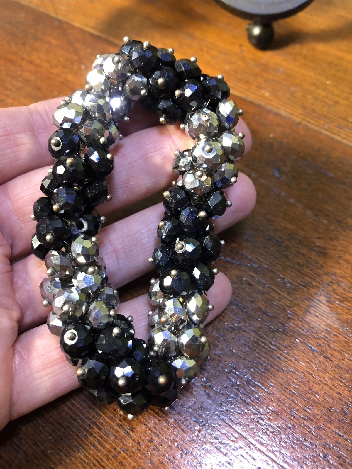 Hand Crafted Bracelet Silver & Black Glass Beads Stretch Jewelry BP-72