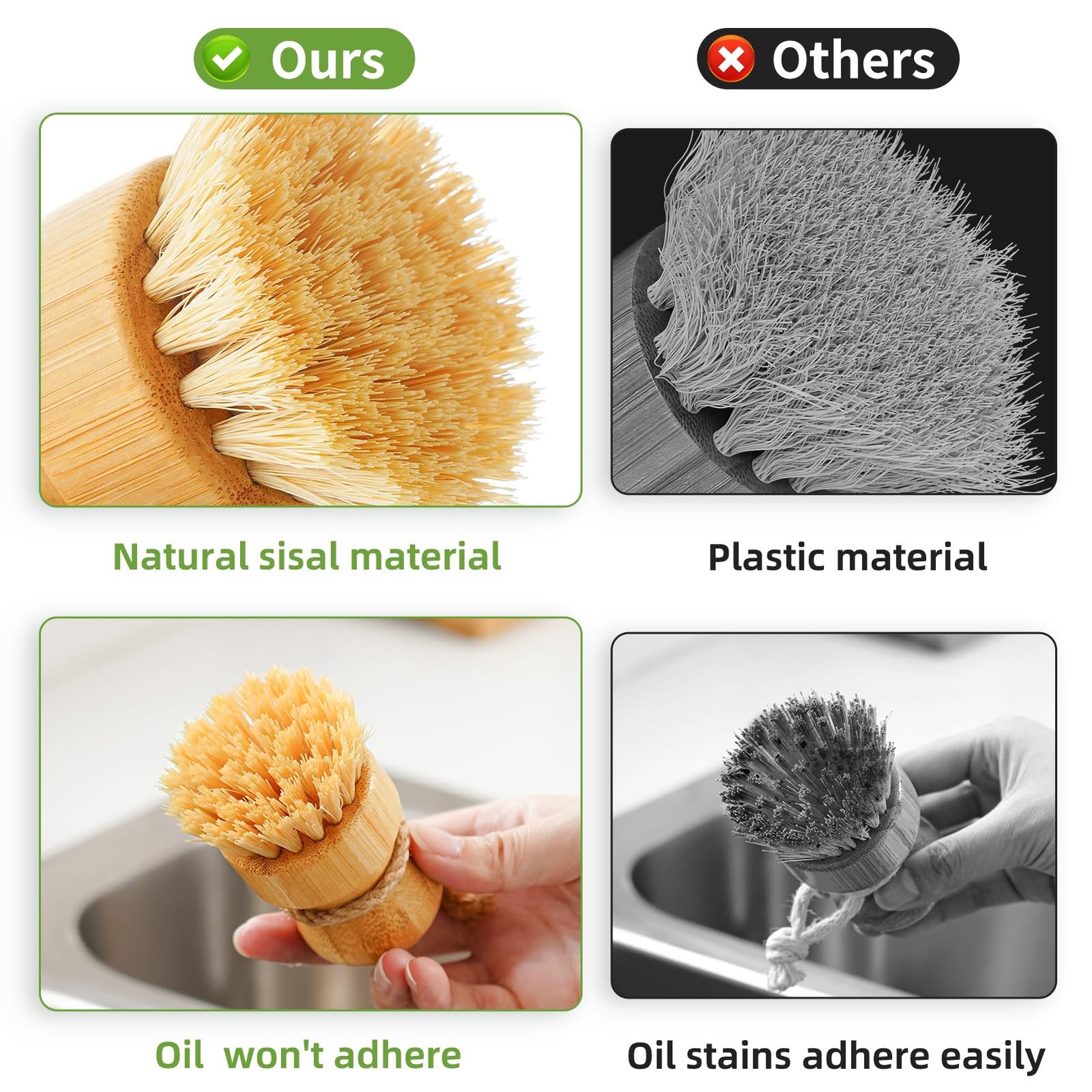 Bamboo Dish Scrub Regular size, Ceramics Base + 3p Sisal Brushes