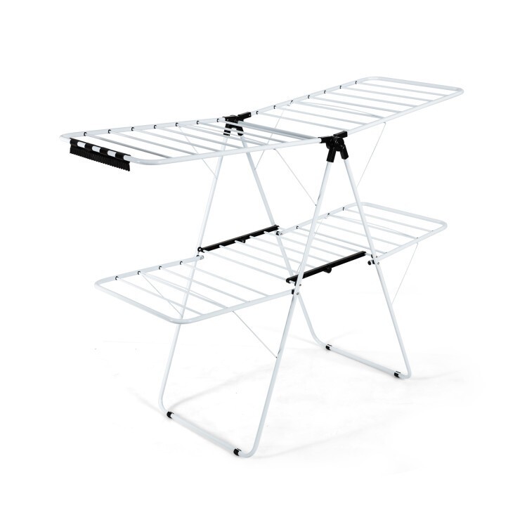 Costway Foldable 2-Level Steel Clothes Drying Rack w/ Height-Adjustable Gullwing