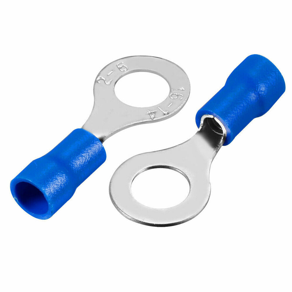 100x 1/4" Blue 16-14 Ga AWG Gauge Car Power Wire Ring Terminals Connectors Crimp