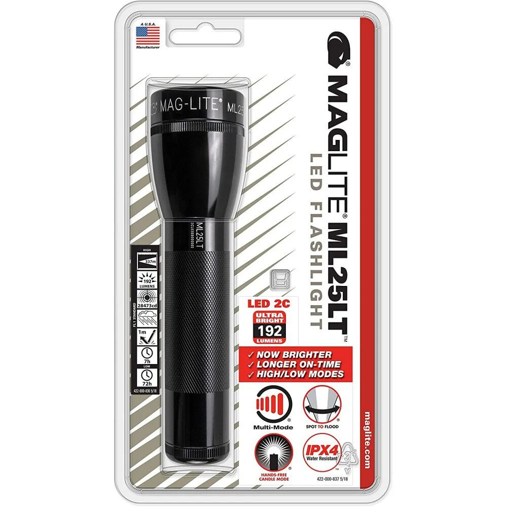 Maglite Flashlight Ml25Lt 192 Lumens Black Led 2 Cell C