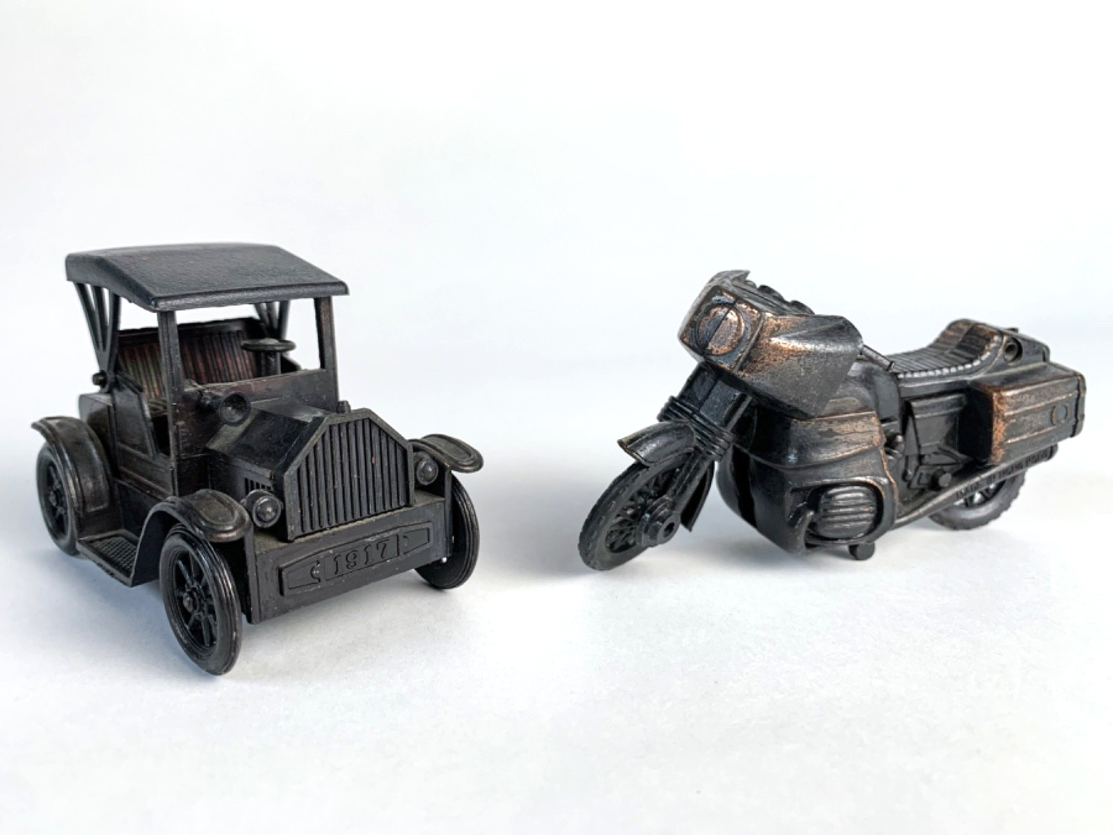 Pair of Vintage Diecast Metal Miniature Car and Motorcycle Pencil Sharpeners