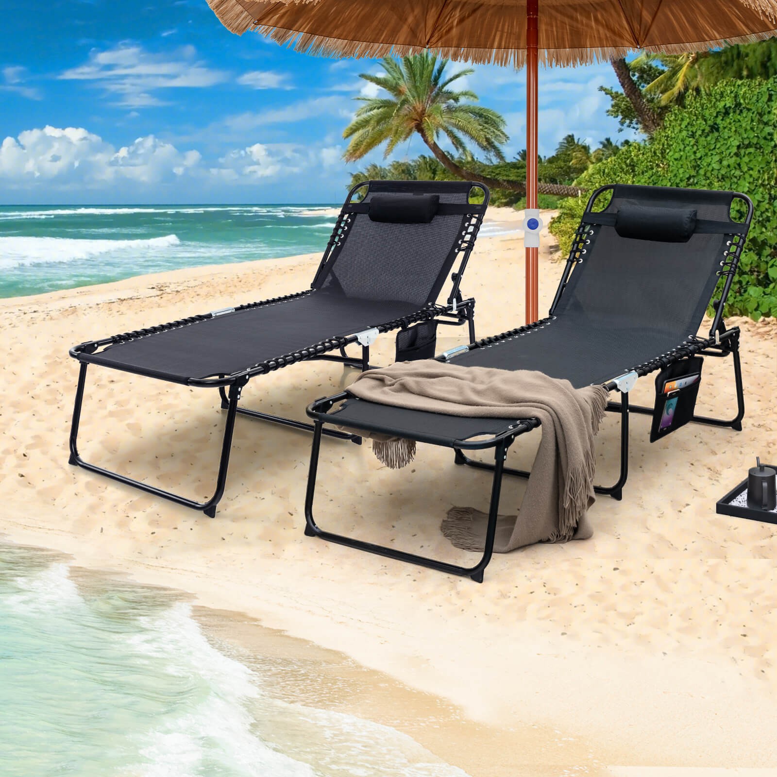 Oversize Folding Chaise Lounge w/ Adjustable Backrest Detachable Pillow & Pocket