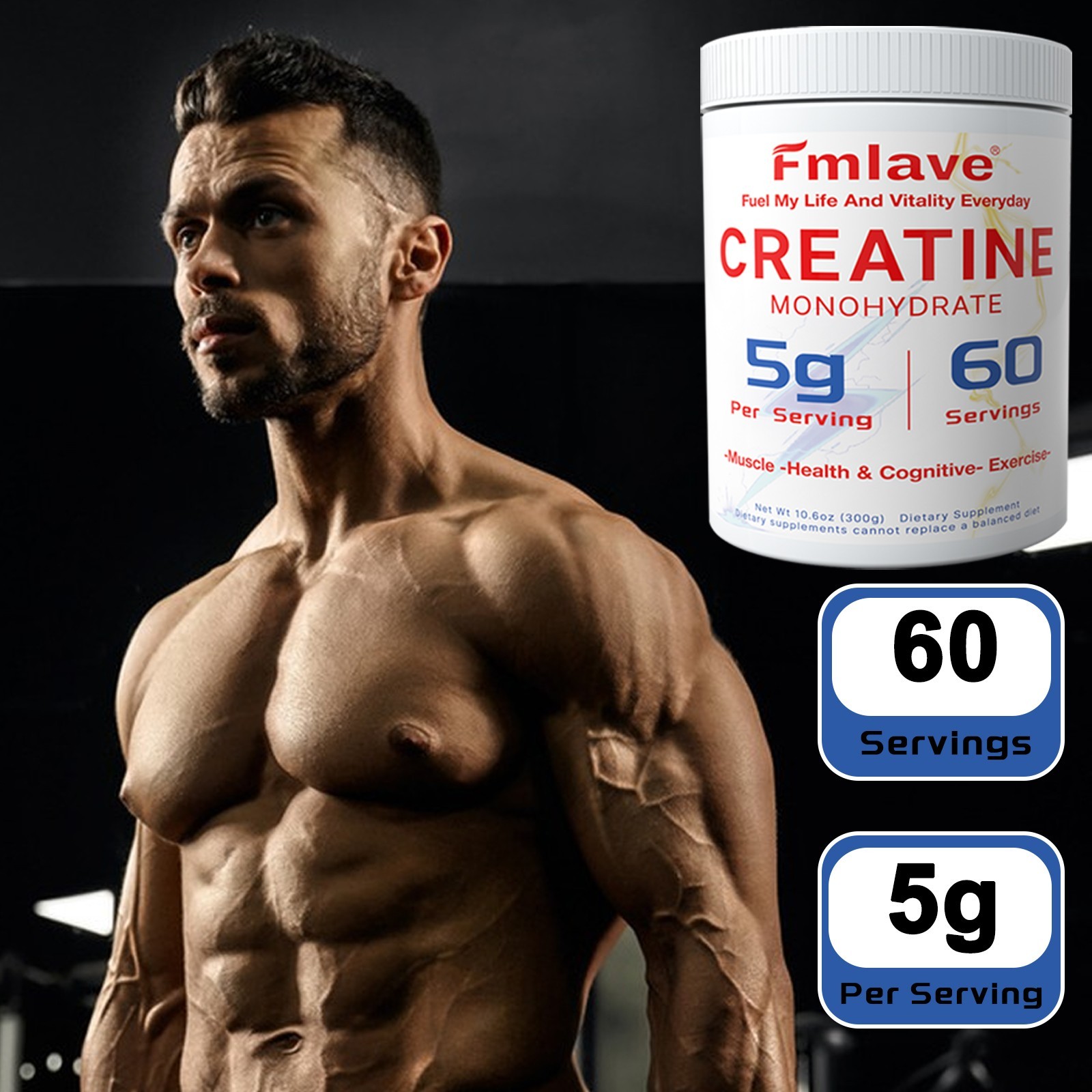 Fmlave Creatine Monohydrate 5g Micronized Creatine 10.58oz - 60 Serving Non-GMO